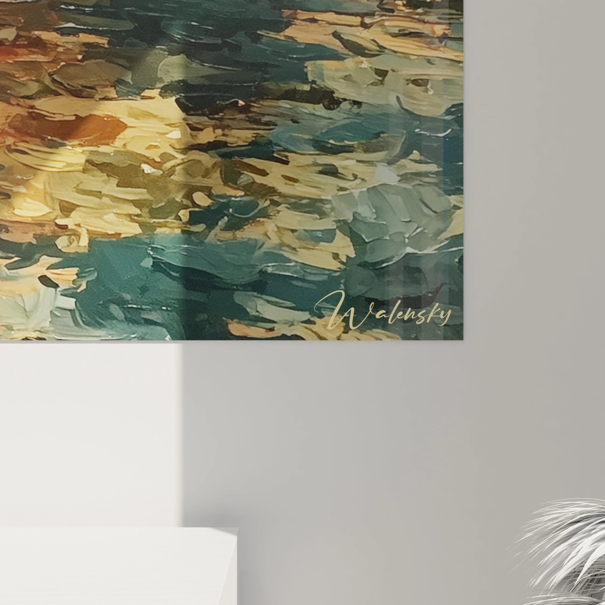 Tableau mural Walensky mer abstraite voilier verts dores tableau navire Christophe Colomb signe en bas a droite