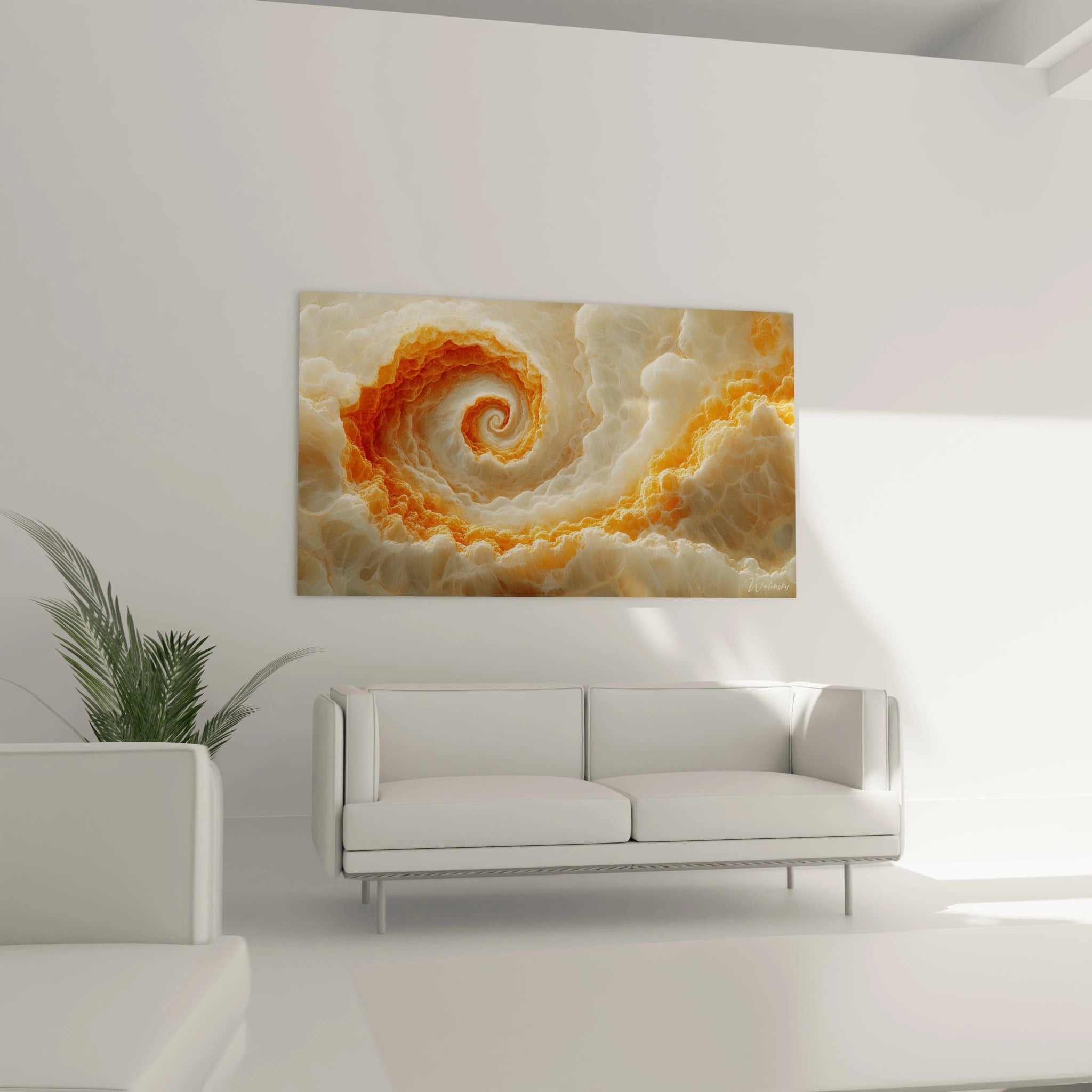Un tableau abstrait spirale composé de textures nuageuses en orange vif et beige doux sur fond blanc. La composition en mouvement circulaire crée un effet hypnotique, avec des couches superposées aux contours flous et vaporeux.