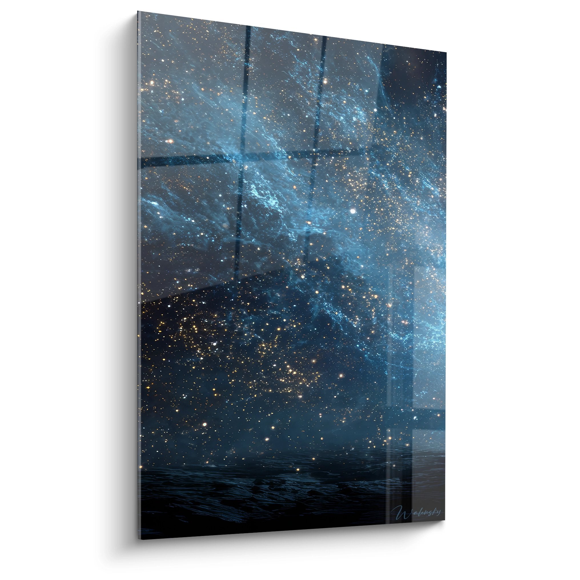 Tableau mural nébuleuse océan cosmique avec étoiles dorées et vagues spatiales bleues décoration art spatial