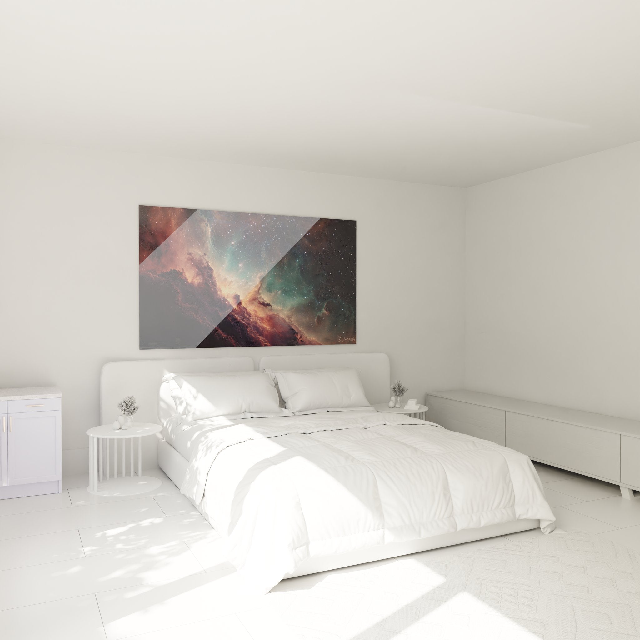 Décoration chambre avec tableau mural nébuleuse stellaire aurore cosmique ambiance moderne