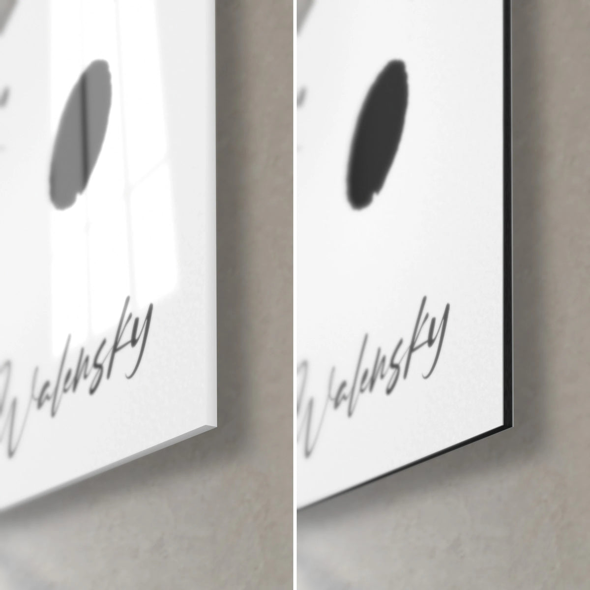 Gemälde mit einer Konstellation schwarzer Tropfen, untere rechte Ecke: glänzendes Glas links, matt Dibond rechts, Walensky-Signatur, 3 mm Kante