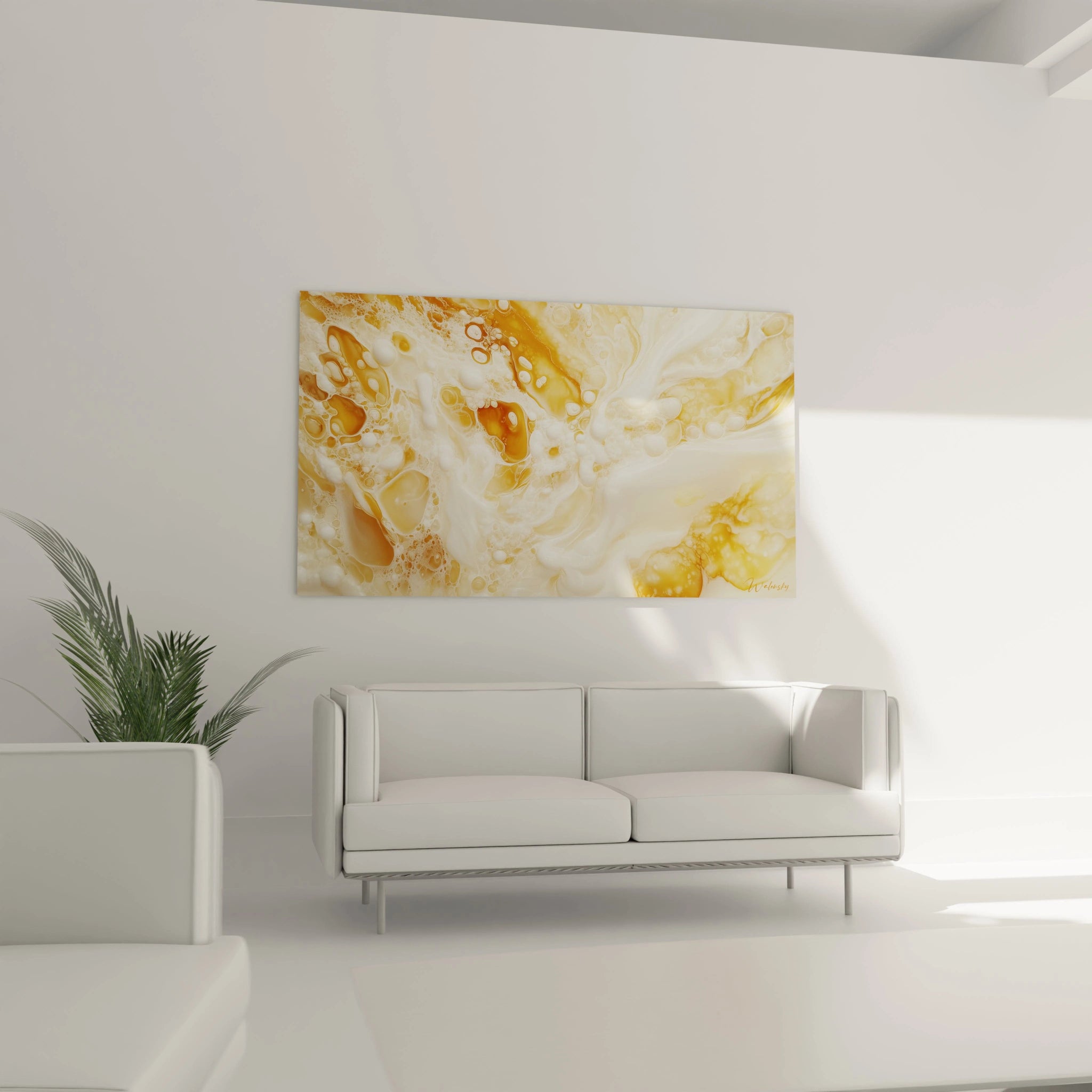 Tableau abstrait en texture dorée de Walensky, parfait pour décorer un salon moderne