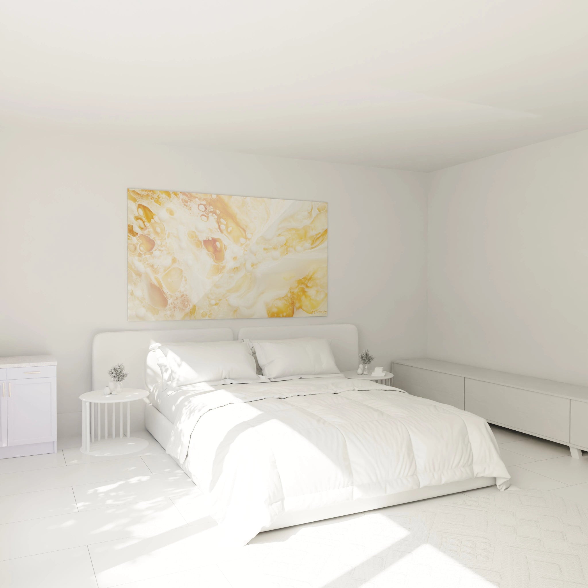 Tableau abstrait aux textures dorées de Walensky, parfait pour décorer une chambre moderne