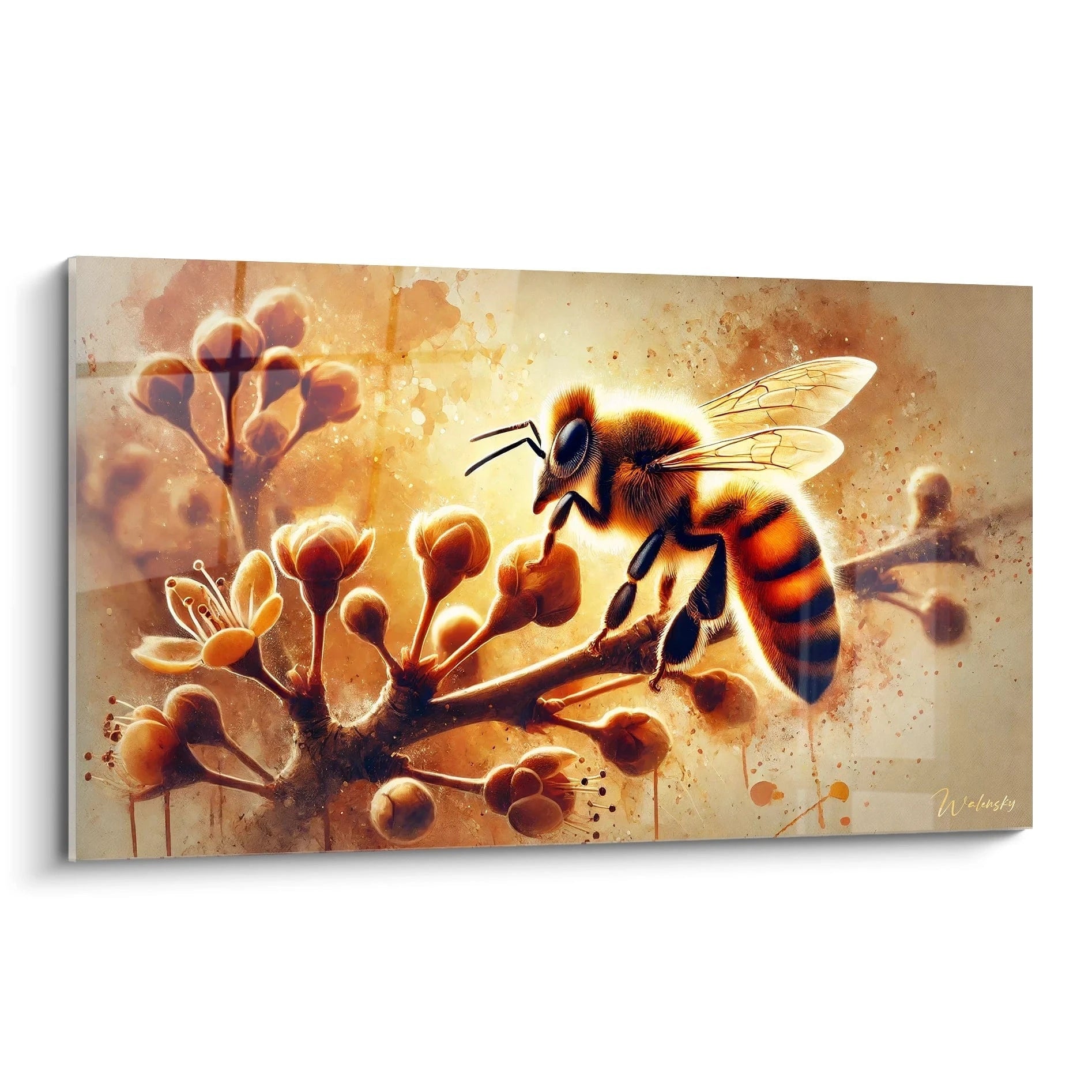 Le tableau abeille capture la beauté minutieuse de la nature. Vue de biais, cette œuvre contemporaine met en lumière l'importance des abeilles dans notre écosystème avec des couleurs vibrantes.