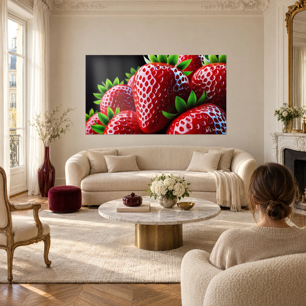 Gemälde Erdbeeren lackiert leuchtend rot mit zartgrünen Blättern auf schwarzem Hintergrund, über einem Sofa in einem hellen Wohnzimmer