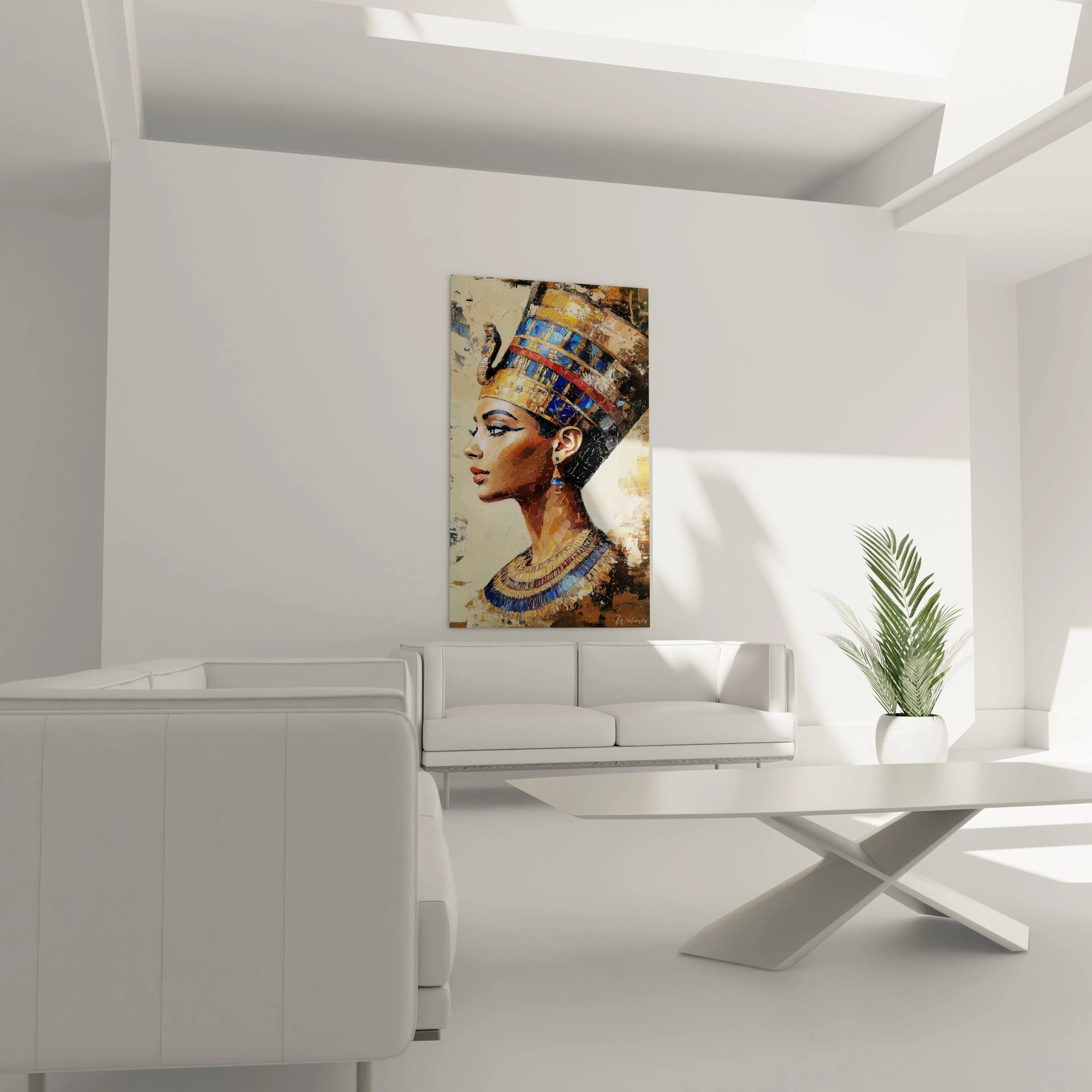 Tableau Egypte mural décoratif avec peinture de rhinocéros moderne dans un salon blanc minimaliste