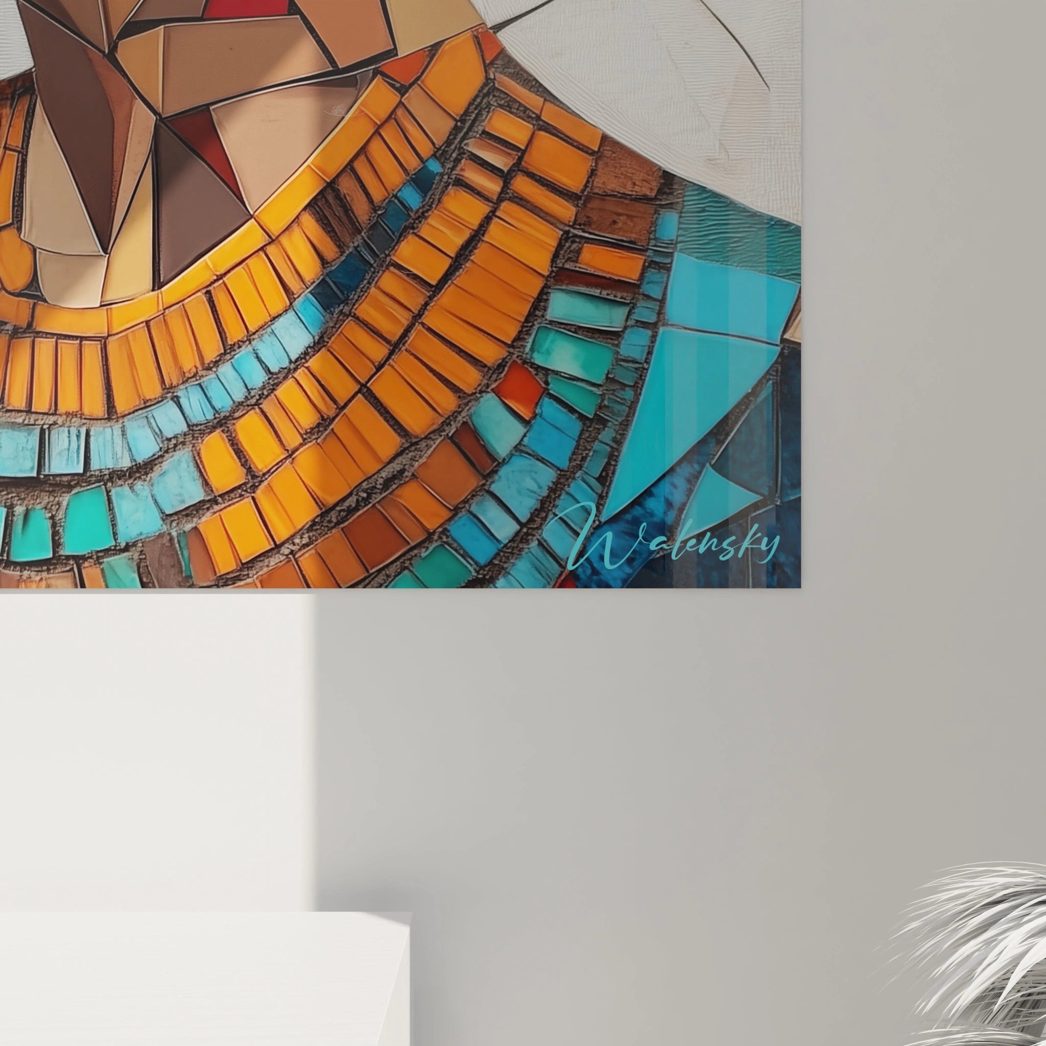 Tableau Egypte mural coloré signé Walensky avec motifs géométriques en orange, turquoise et marron