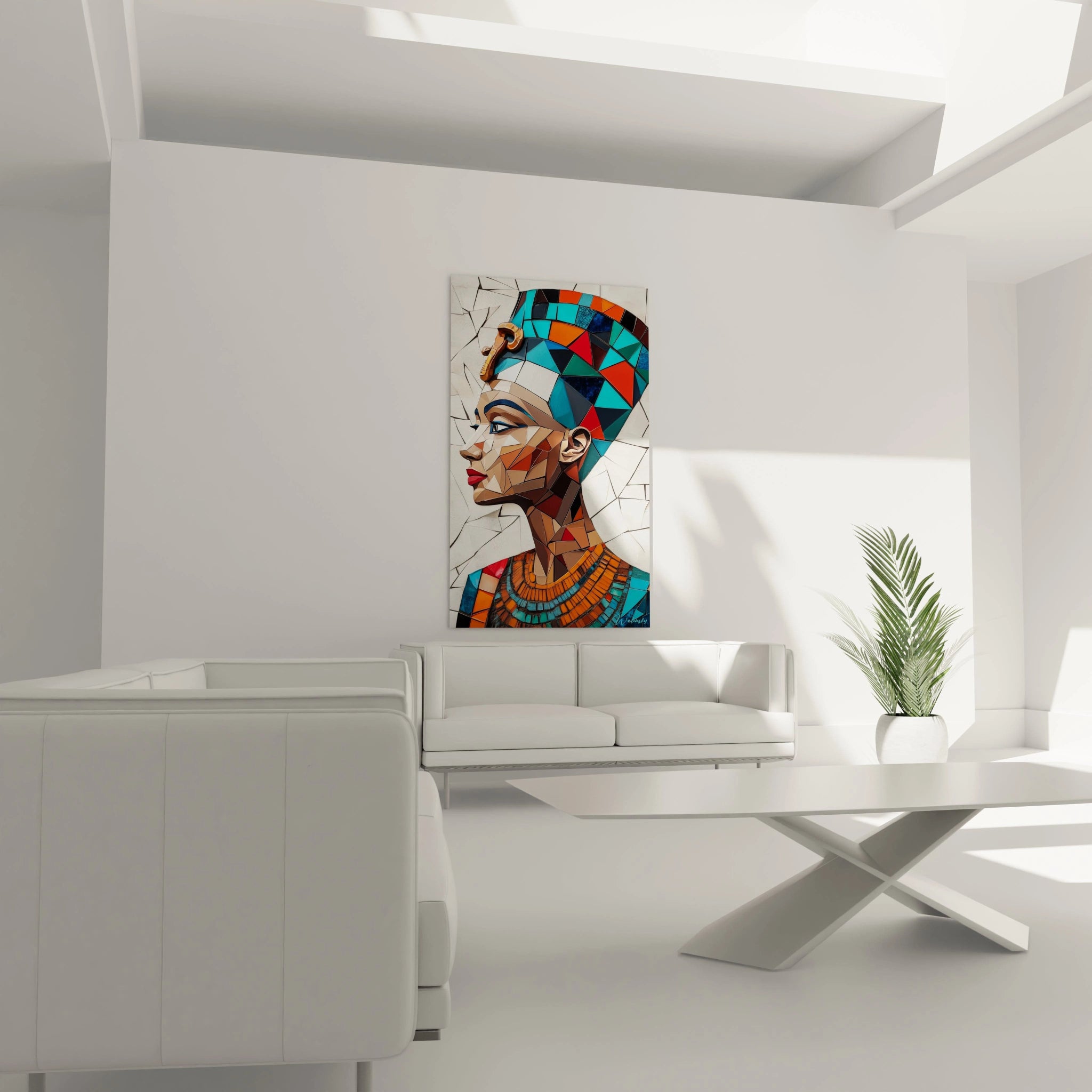 Tableau Egypte mural Walensky représentant un portrait coloré style géométrique dans un salon moderne blanc