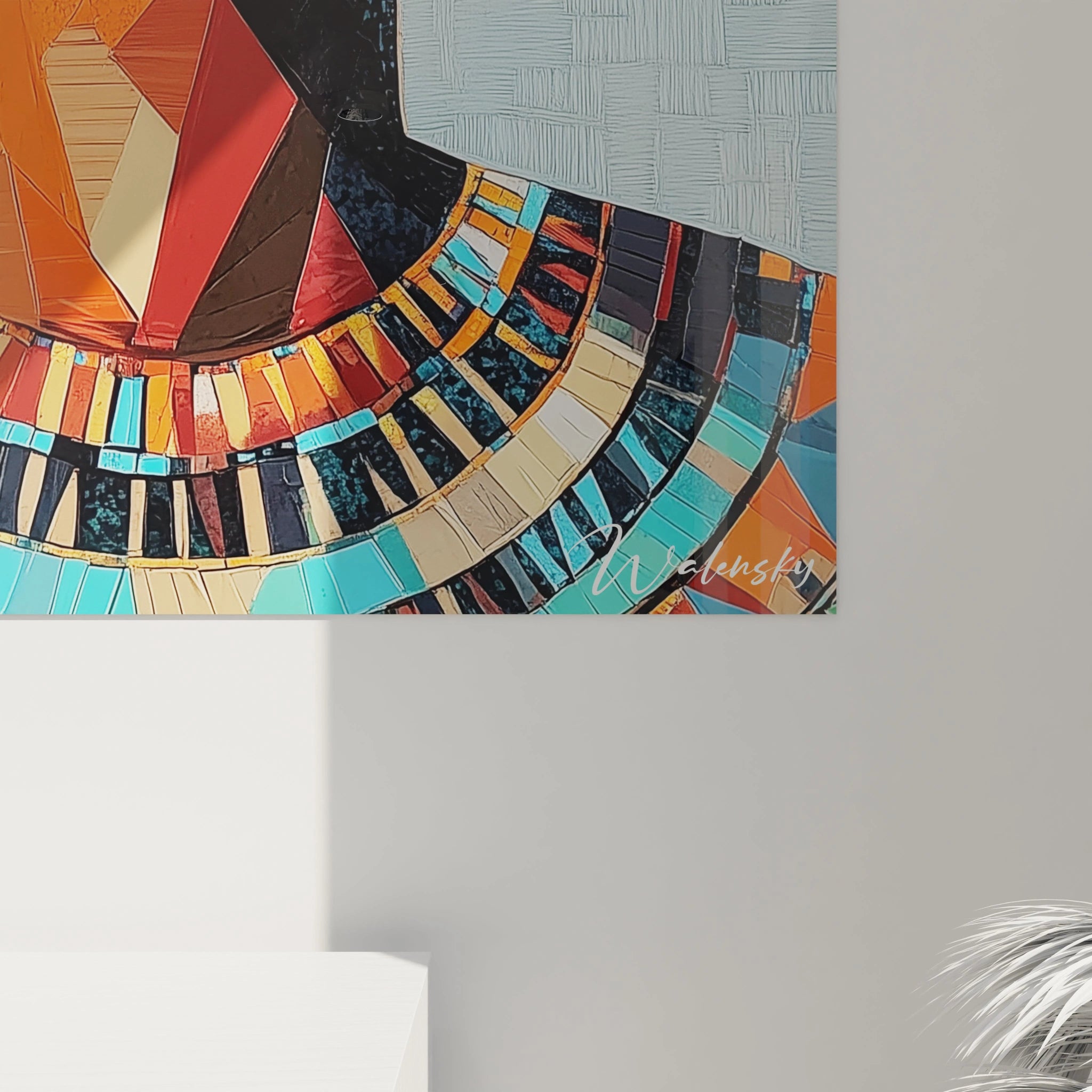 Tableau Egypte mural moderne signé Walensky accroché sur un mur blanc minimaliste