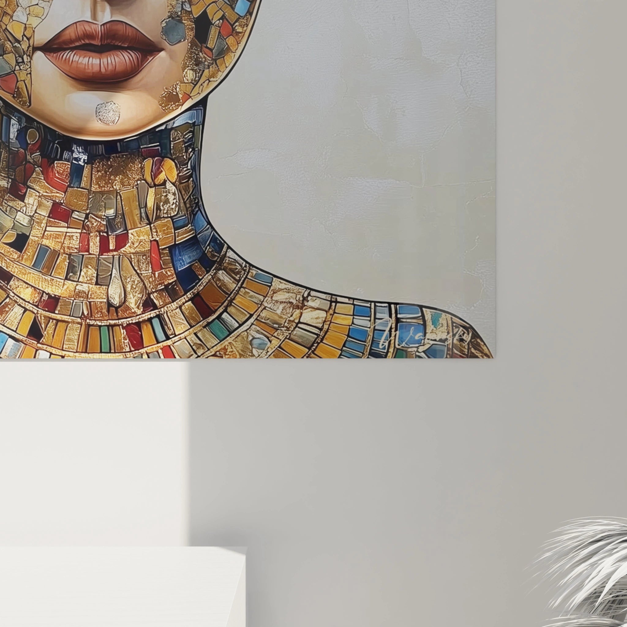Tableau Egypte mural style mosaïque colorée avec visage féminin et bijoux dorés Walensky
