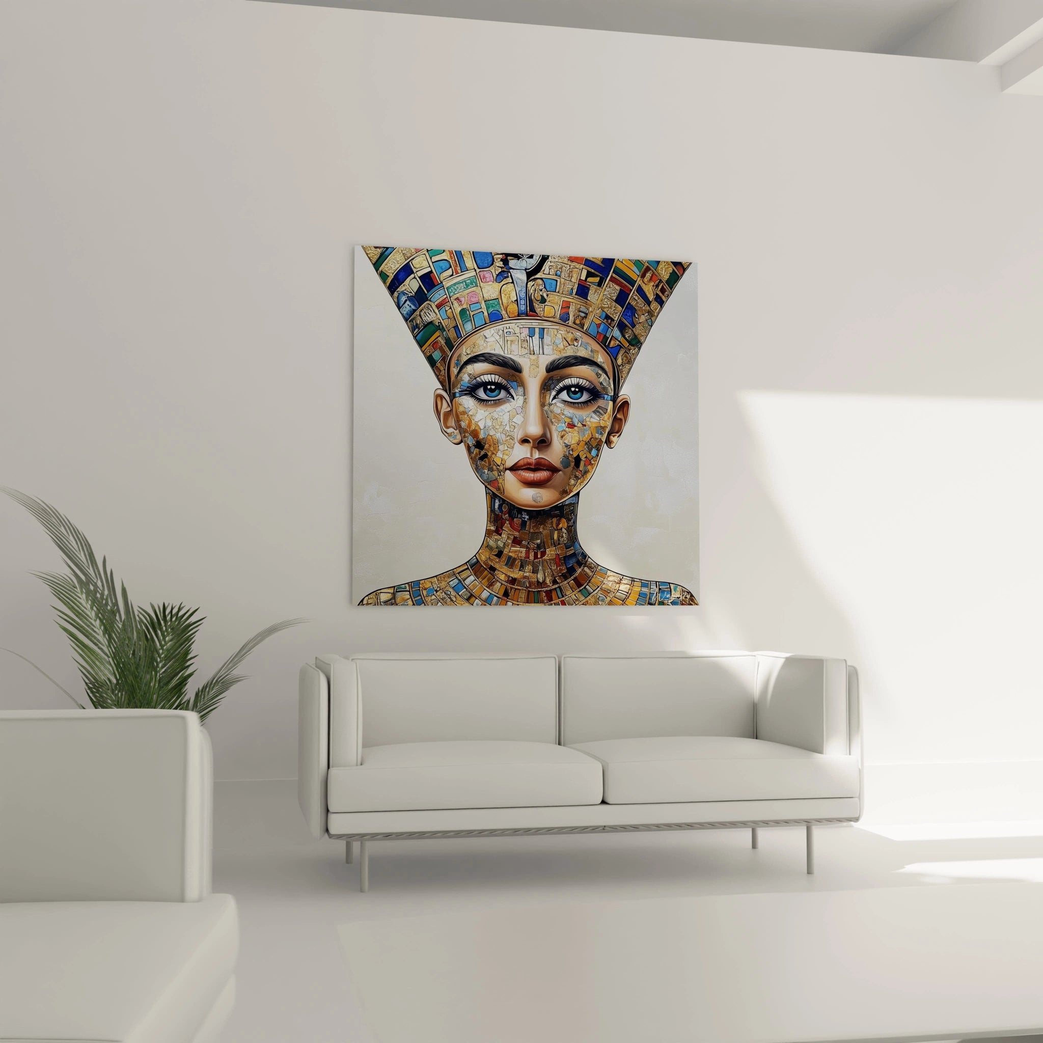 Tableau Egypte mural Walensky représentant portrait coloré de reine égyptienne moderne dans salon minimaliste