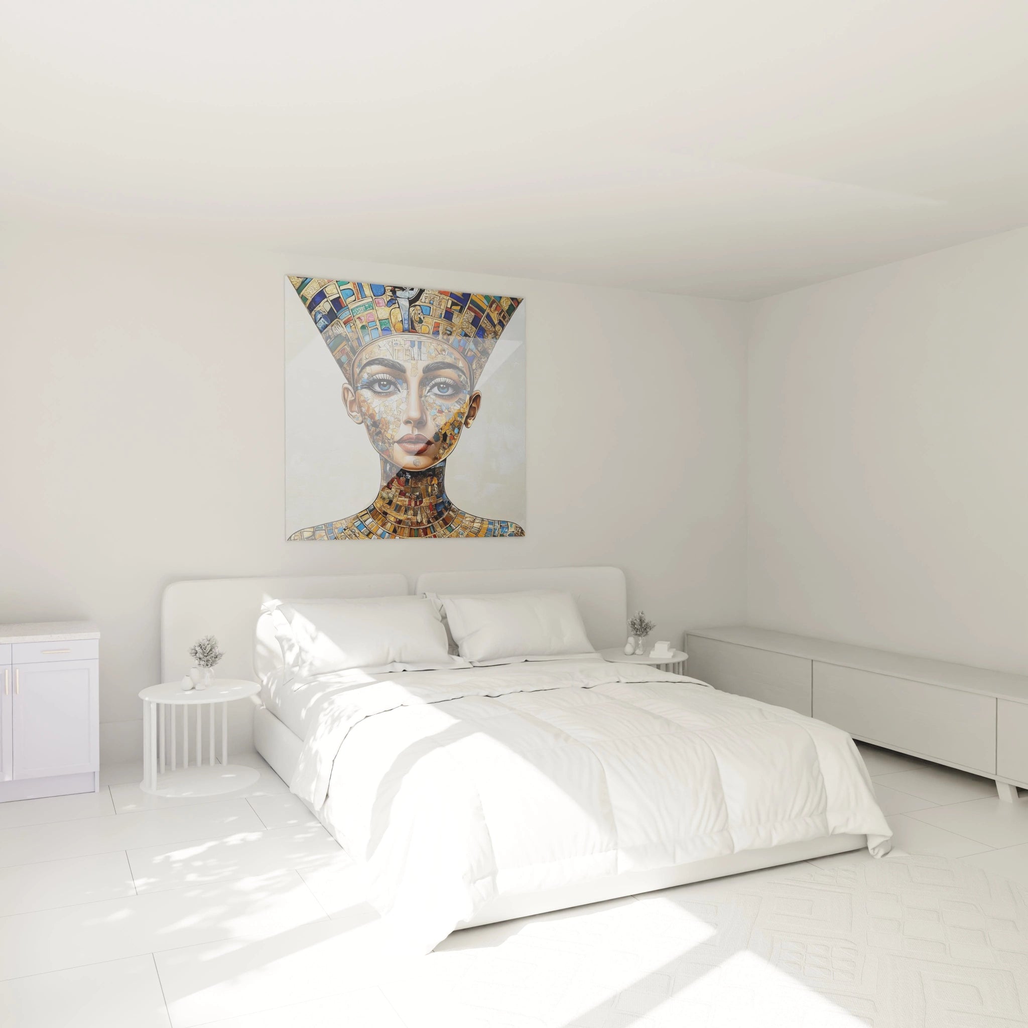 Tableau Egypte mural Walensky représentant un portrait coloré d'une reine égyptienne dans une chambre moderne