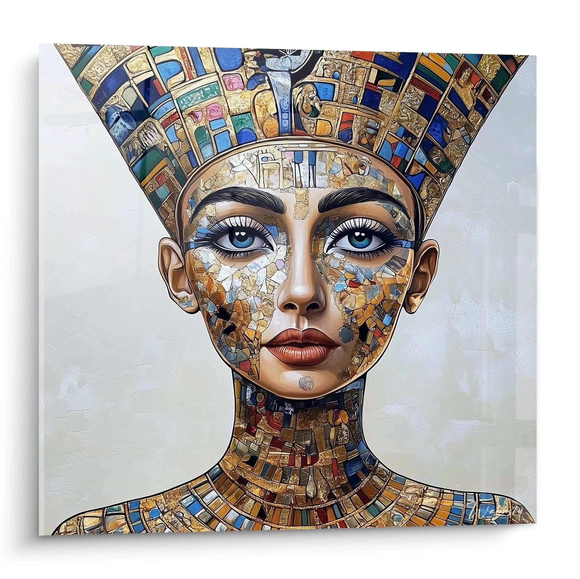 Tableau Egypte mural représentant un portrait féminin stylisé avec motifs dorés et bleus par Walensky