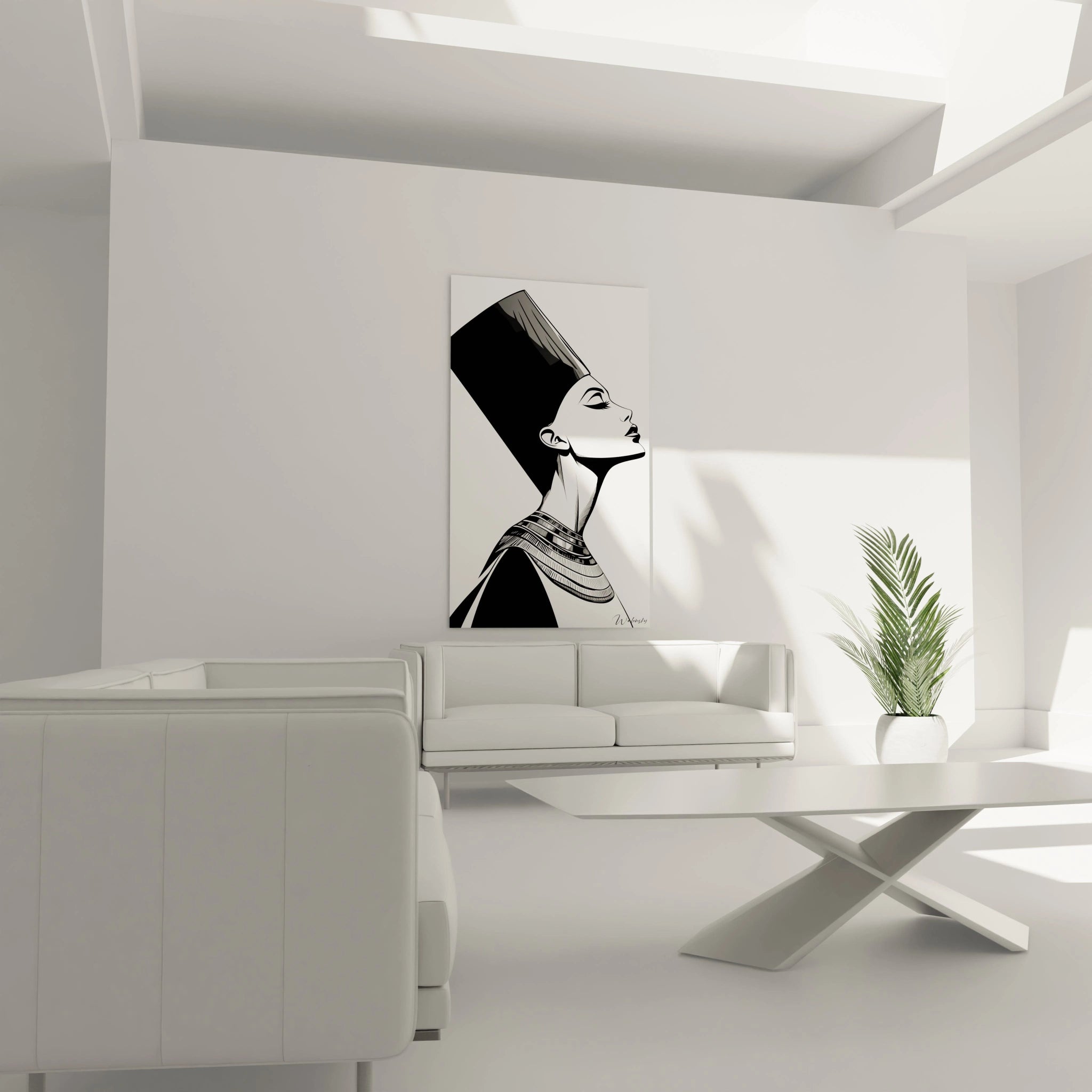 Tableau Egypte mural en noir et blanc représentant une reine égyptienne dans un salon moderne Walensky