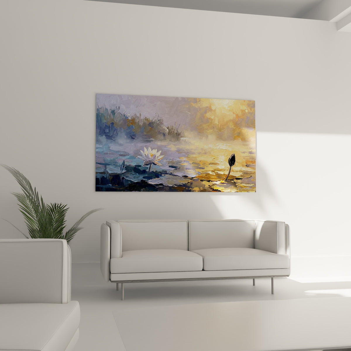 Étang mauve et ambré aux nénuphars flottants, au-dessus d'un canapé dans un salon lumineux