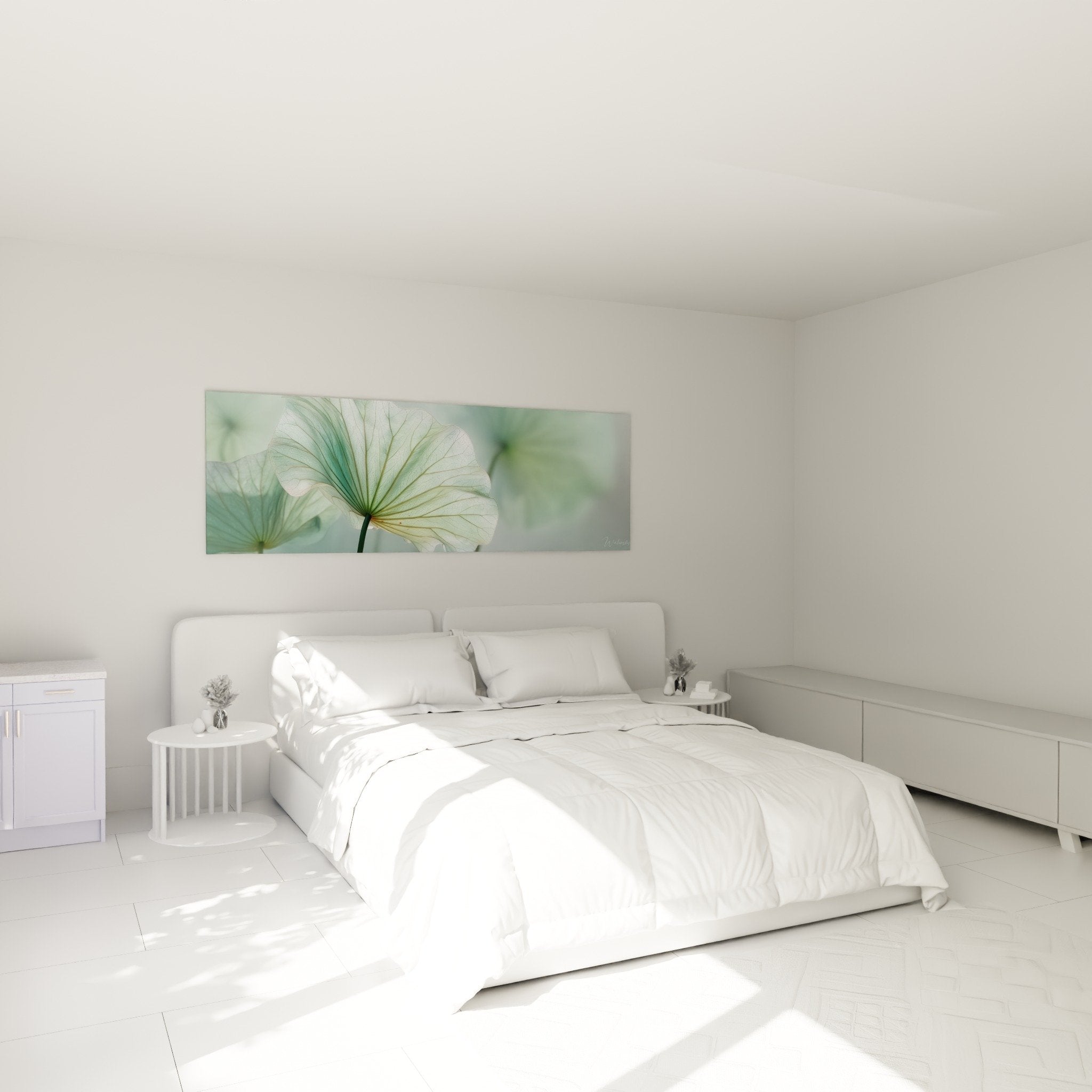 Tableau nenuphar feuilles vertes translucides dans chambre moderne mur blanc decoration zen