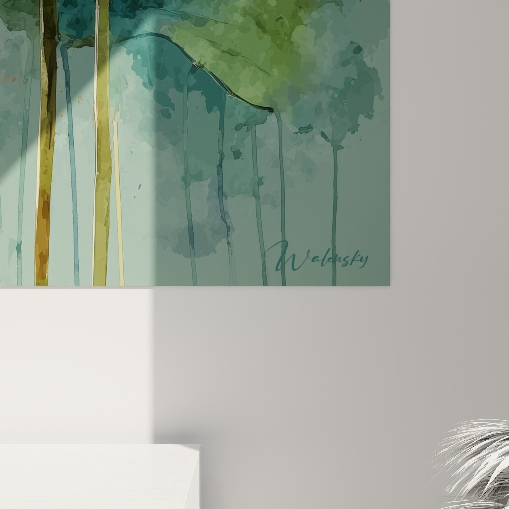 Vue d'ensemble du tableau lotus aquarelle dans un intérieur contemporain élégant