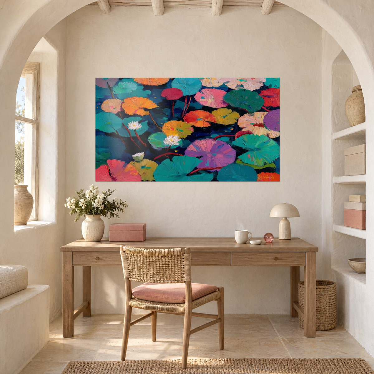 Gemälde Teichoberfläche mit runden türkisfarbenen und rosa Blättern, weiße Wand über einem Schreibtisch aus hellem Holz, Rohrgeflechtstuhl und Lampe