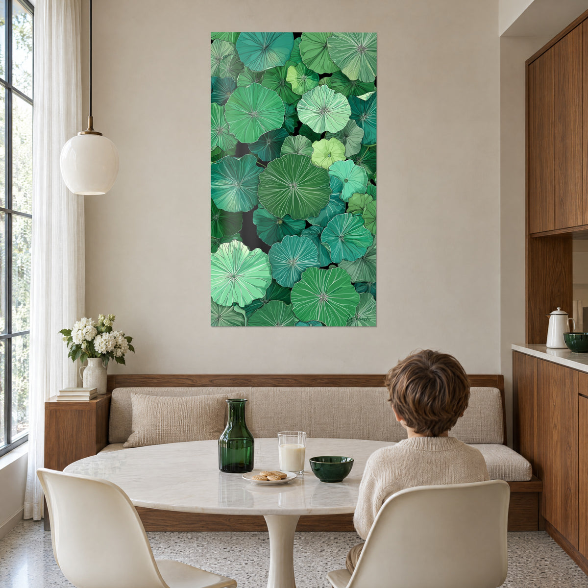 Wall art jungle of water lilies in jade green and lime green, fine white veins, child seen from behind in front of the round table of a dining room