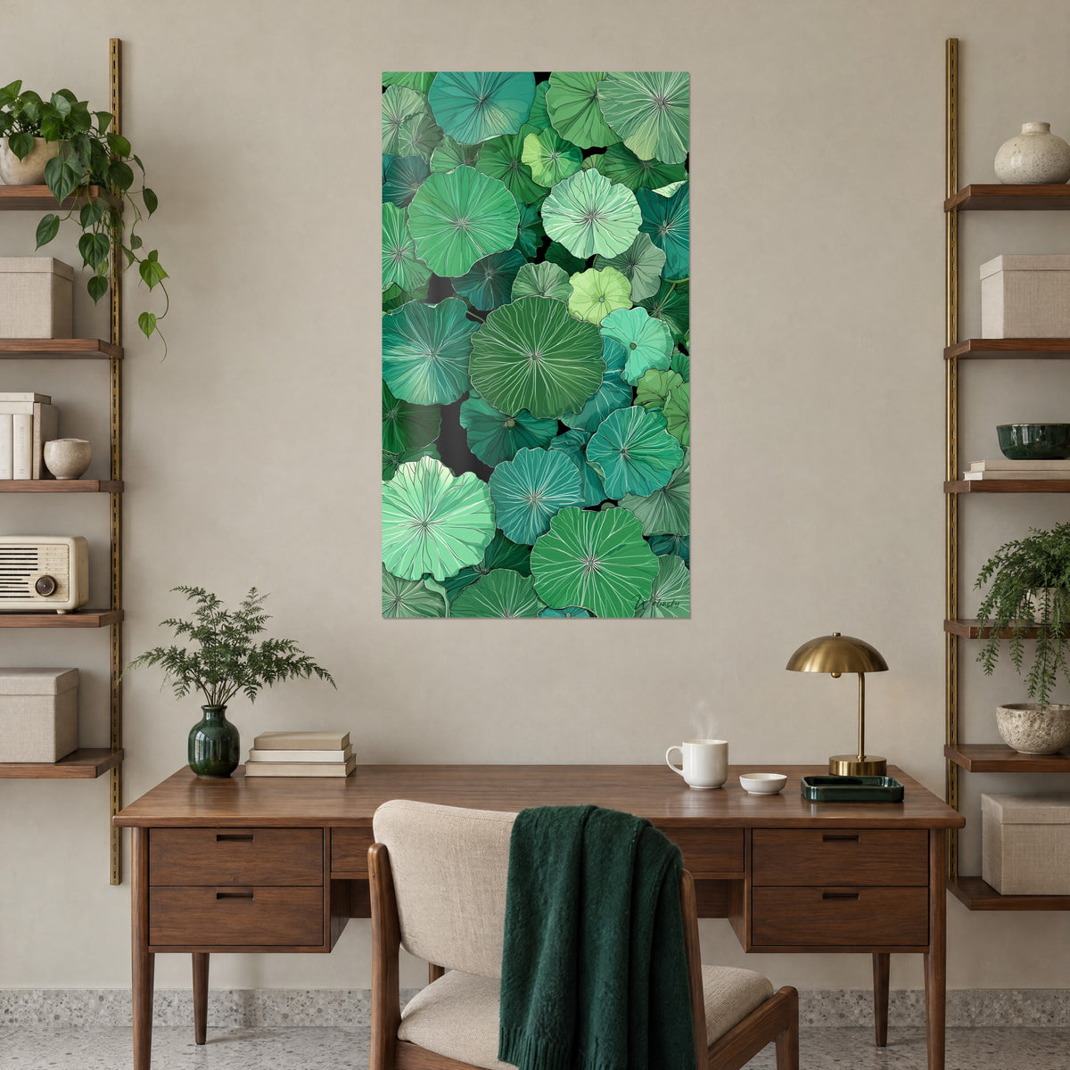 Wall art plant domes in olive green and blue-green, finely veined relief, hung above a walnut desk and shelves