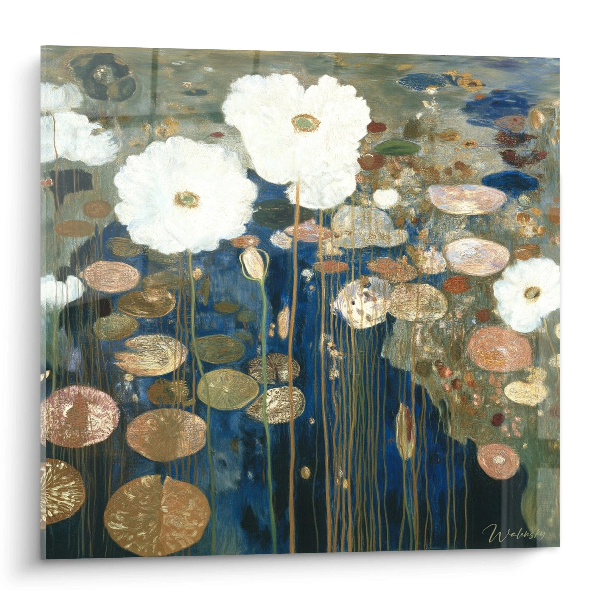 tableau nénuphars blanc symboliste de Walensky montrant nénuphars blancs et feuilles dorées sur fond bleu