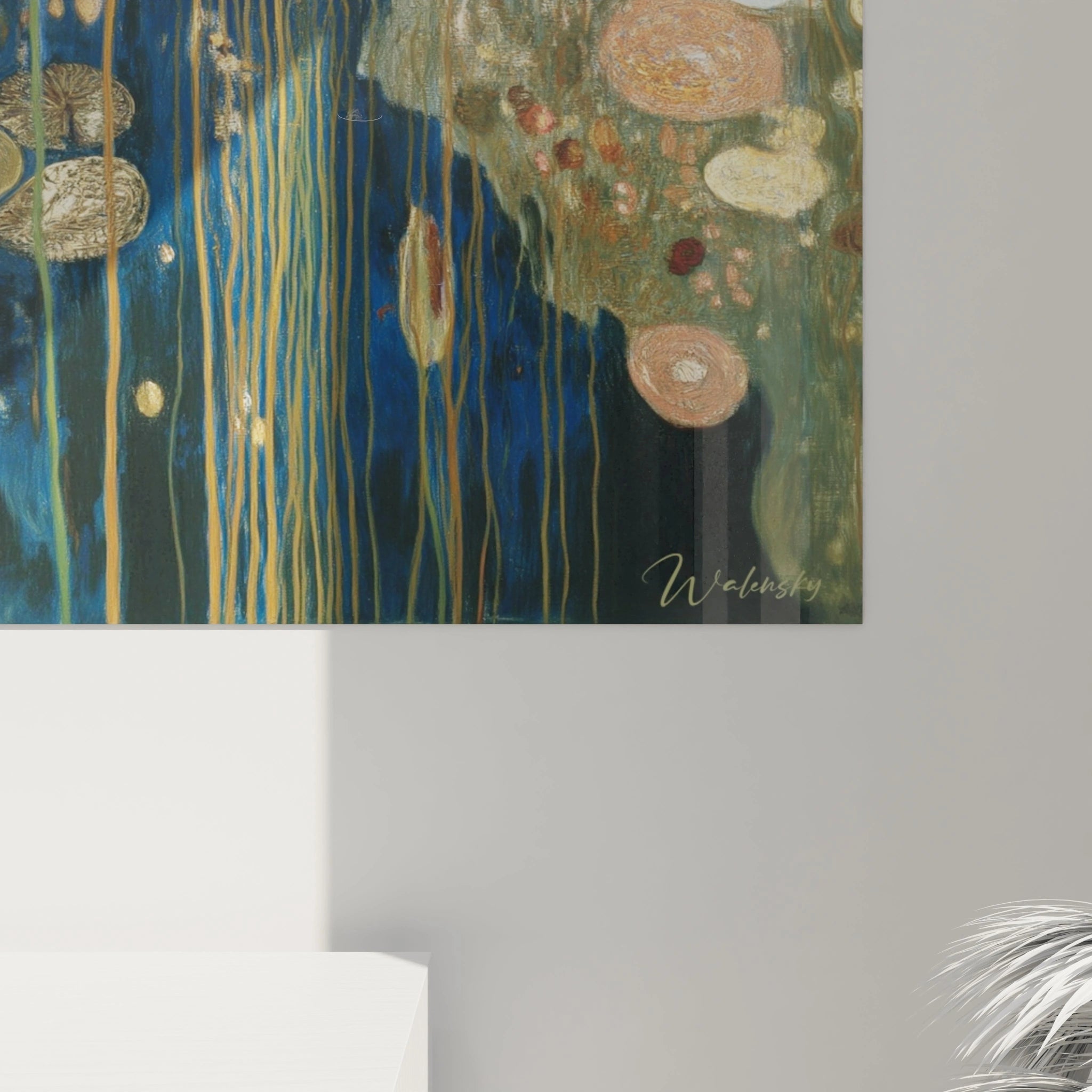 tableau nénuphars blanc symboliste mural Walensky peinture abstraite nénuphars dorés fond bleu signature visible