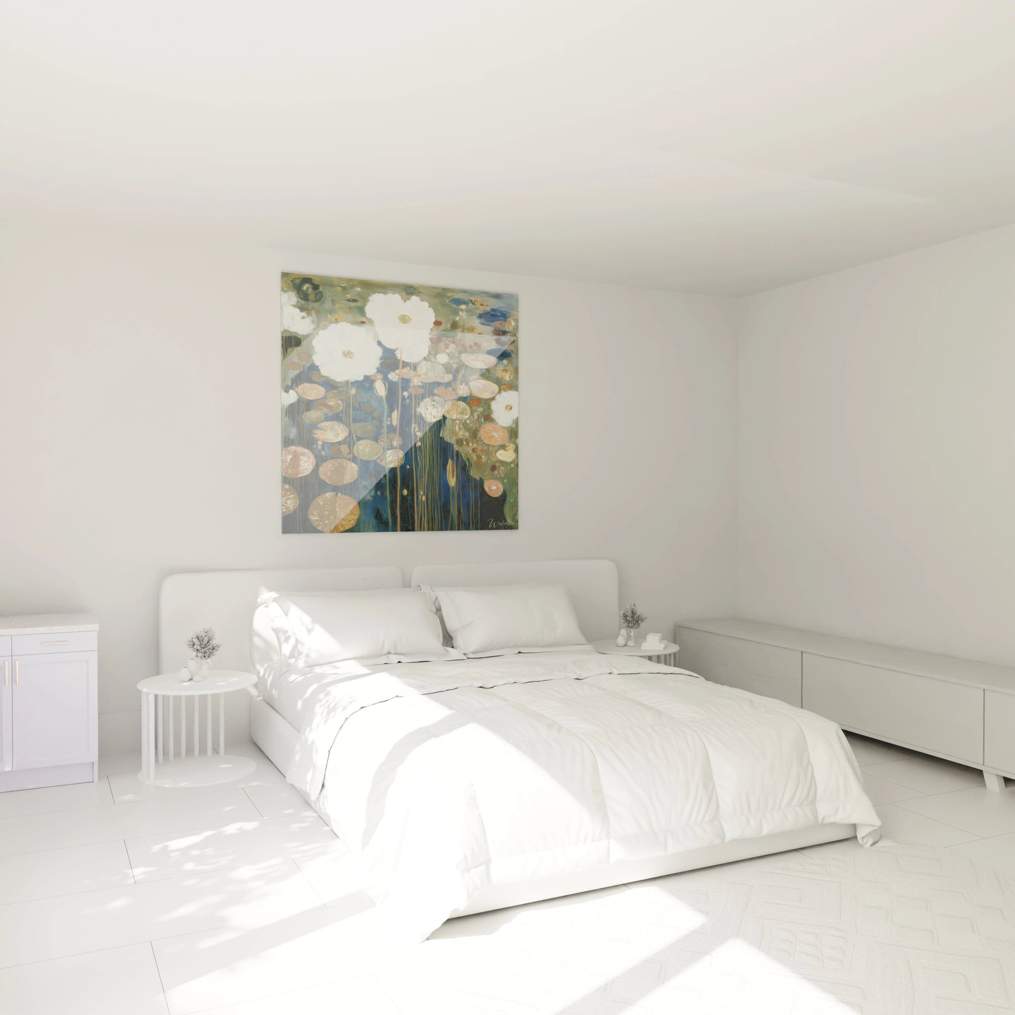 Walensky tableau mural accroché au dessus du lit blanc dans une chambre minimaliste tableau nénuphars blanc symboliste