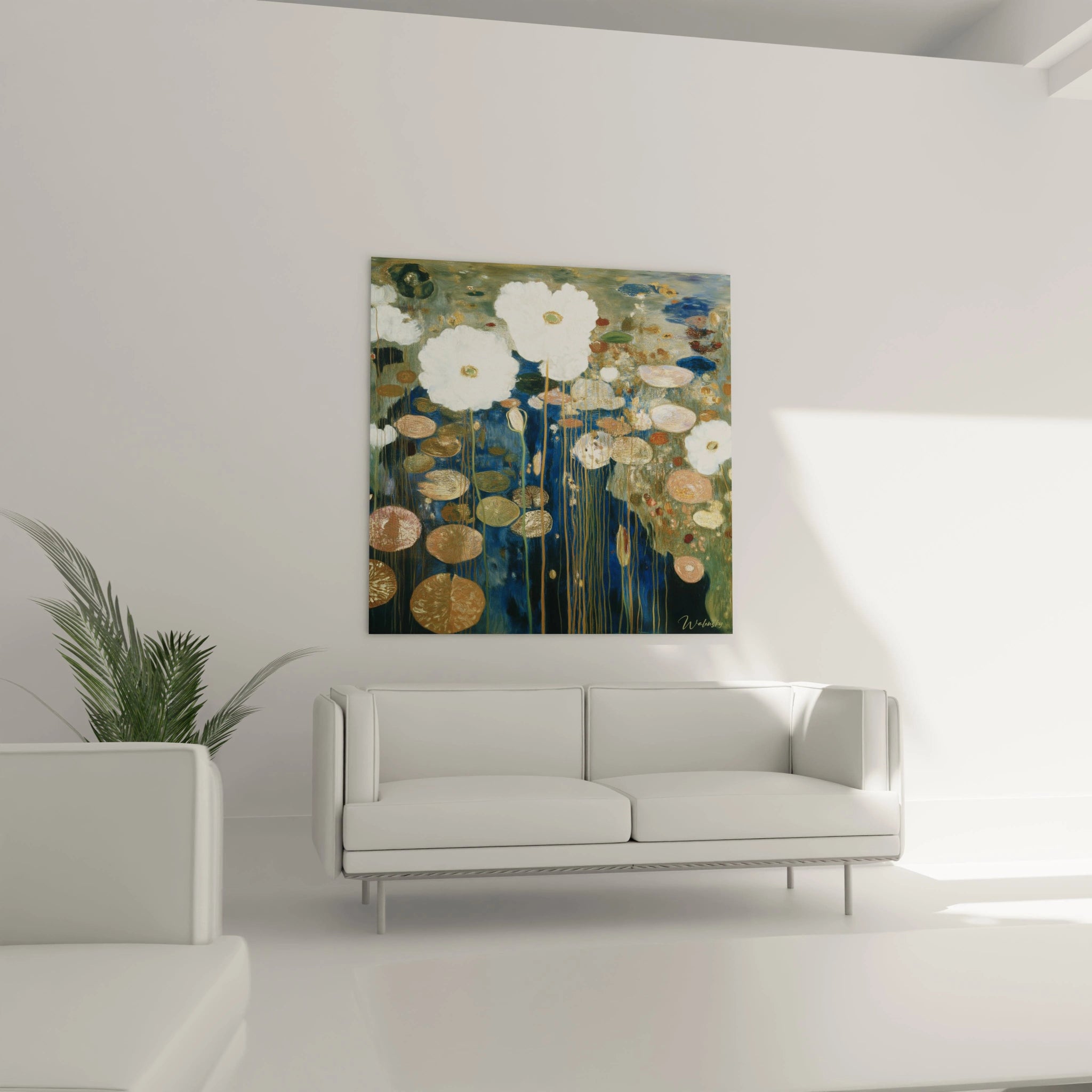 tableau nénuphars blanc symboliste Walensky peinture murale de nénuphars blancs et fleurs blanches au dessus d un canapé blanc