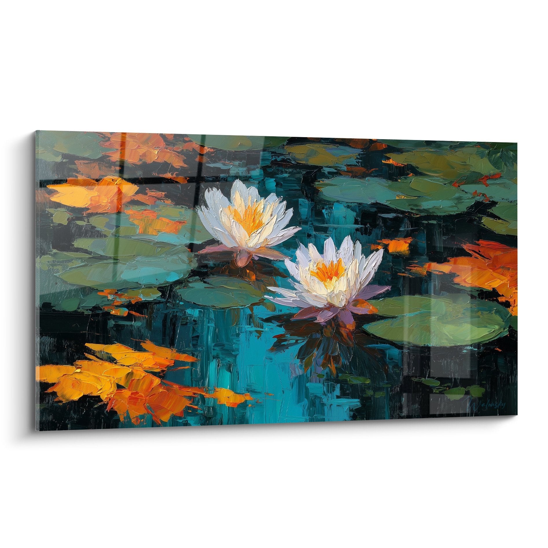 Tableau peinture nénuphars blancs bassin turquoise reflets dorés style impressionniste