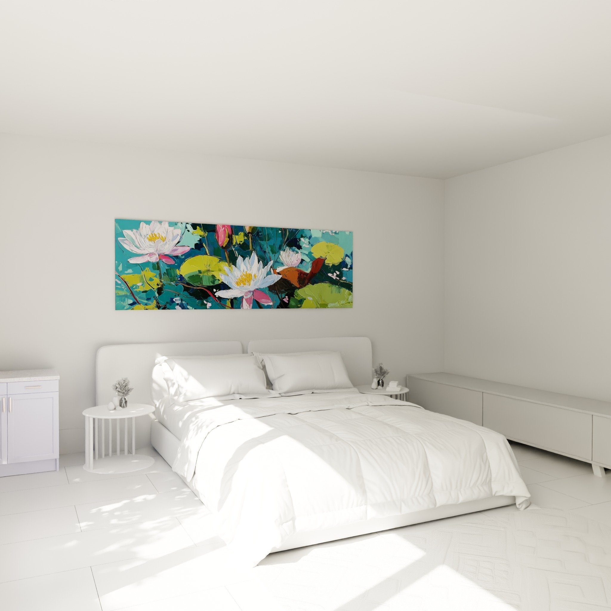 Tableau nénuphars blancs roses turquoise dans chambre moderne murs blancs décoration zen