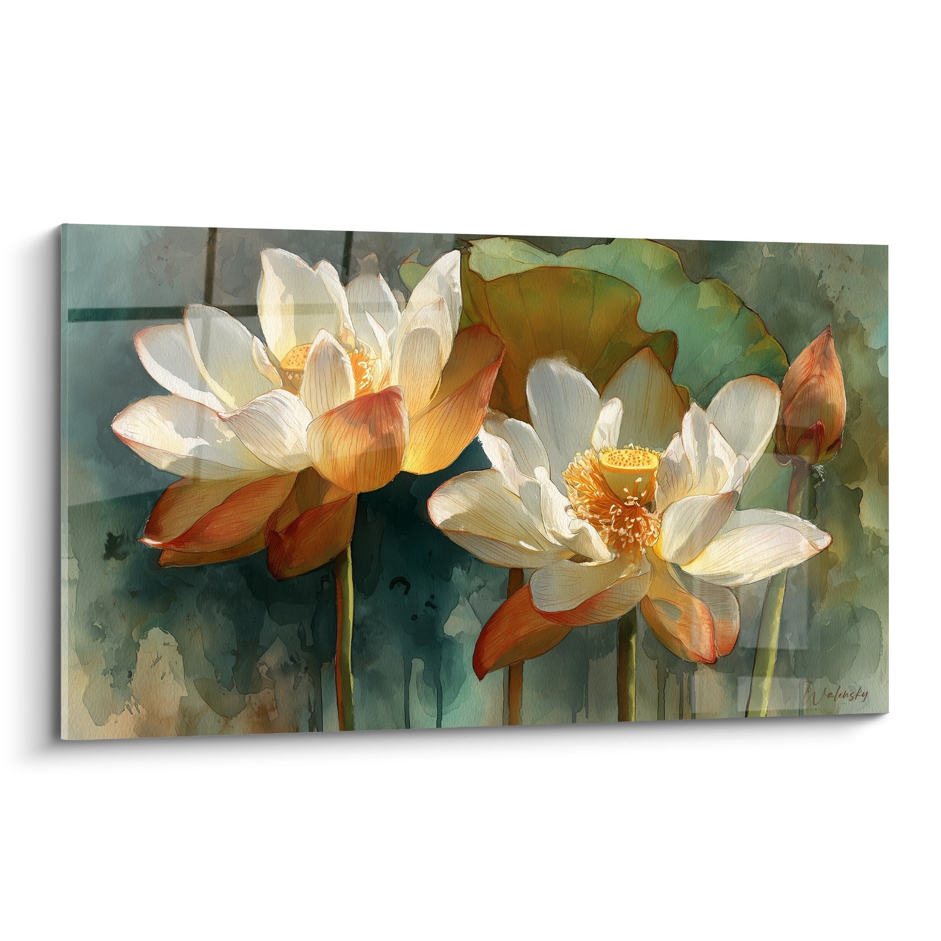 Tableau de nénuphars blancs aux reflets dorés sur fond turquoise, style aquarelle botanique zen
