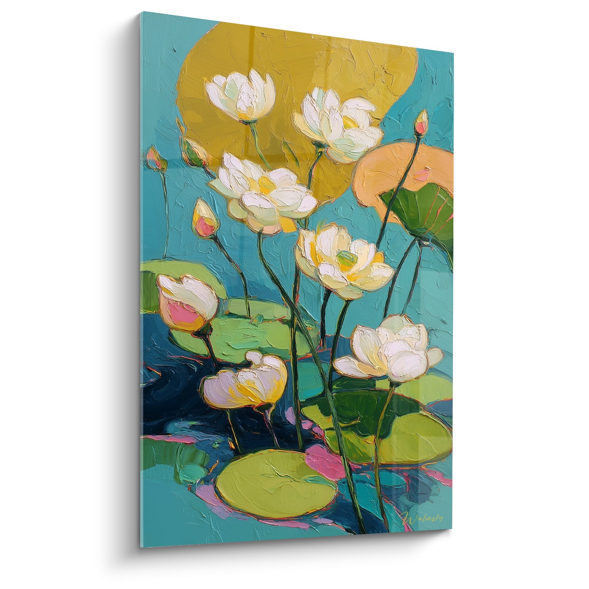 tableau nenuphars blancs eau turquoise reflets dores style impressionniste peinture a huile