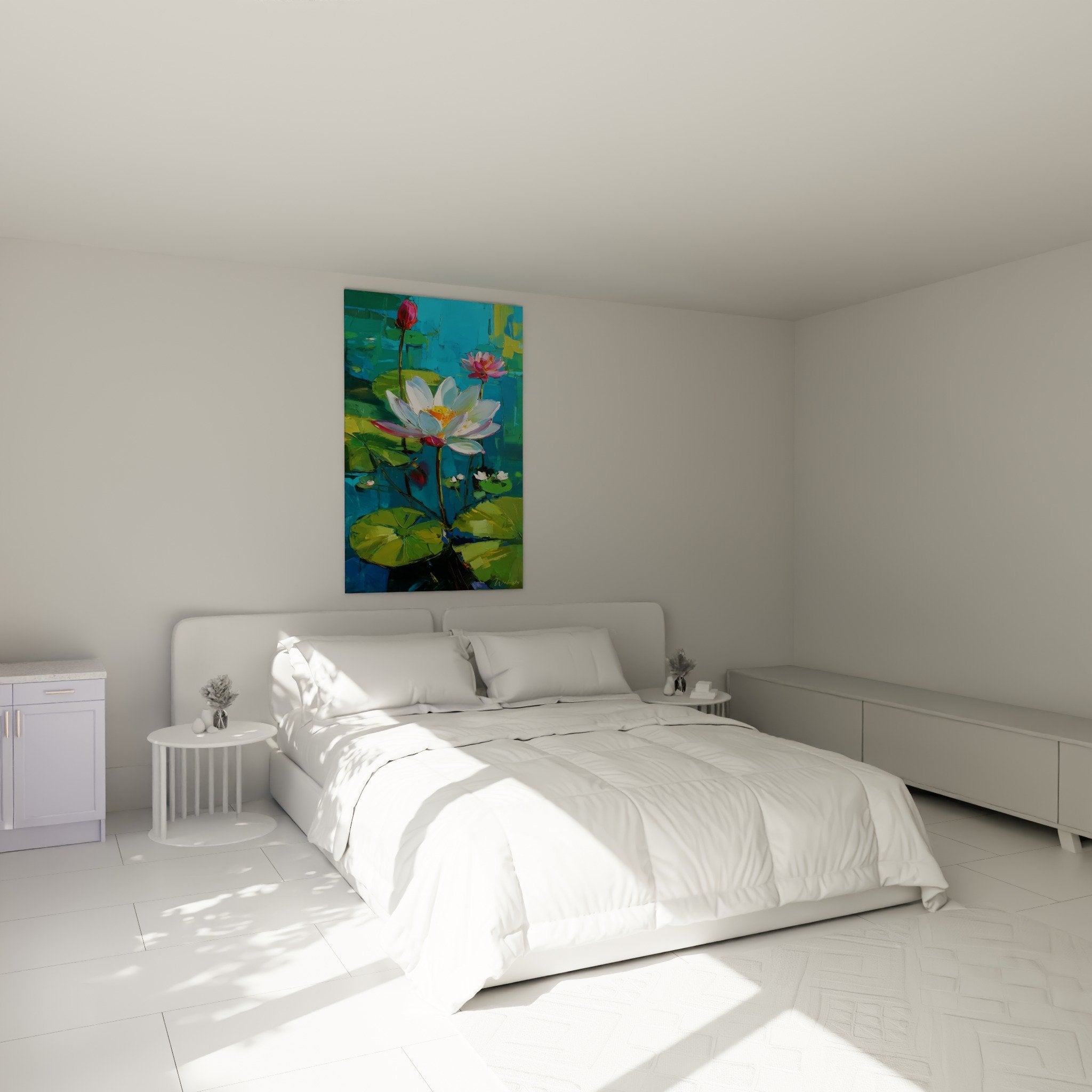 Tableau nénuphars et lotus dans chambre moderne avec décoration zen et mobilier blanc