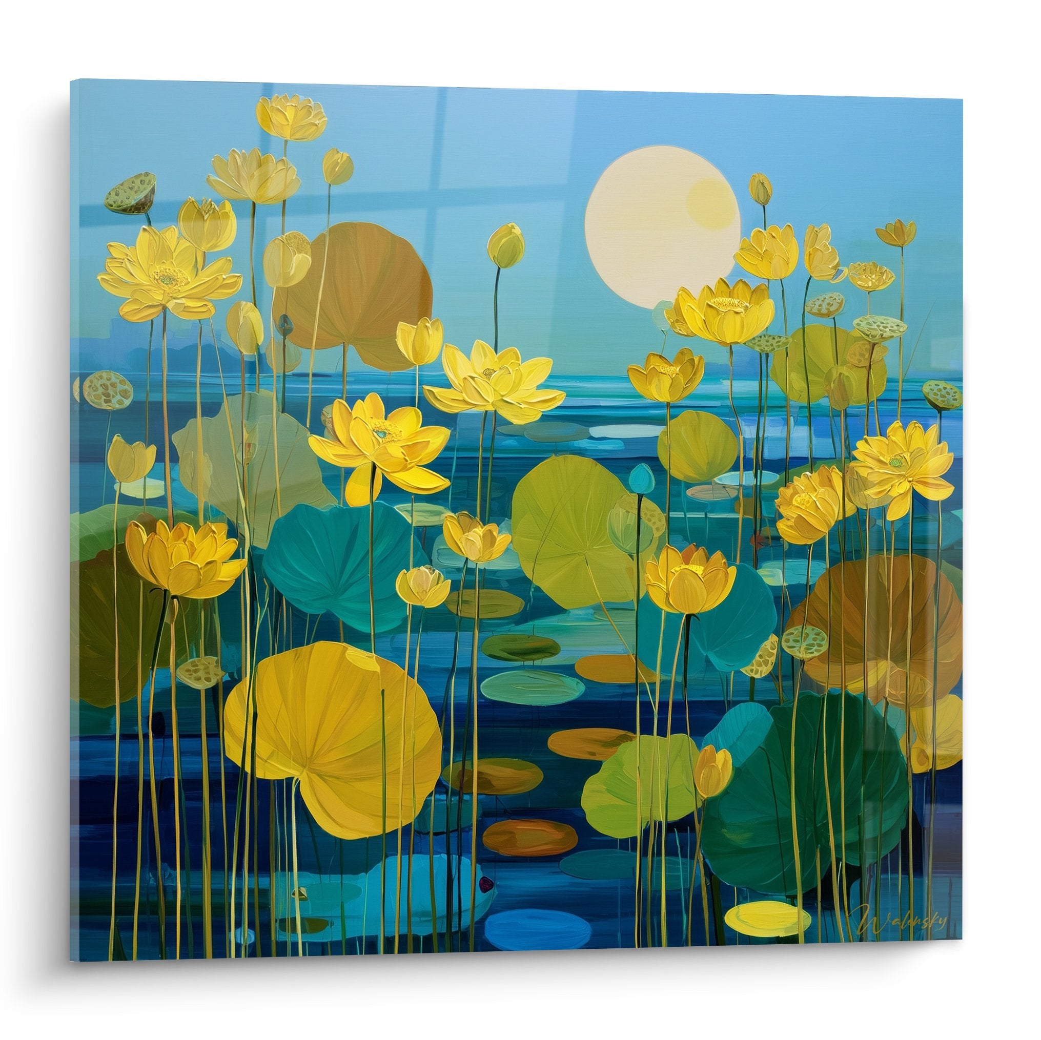 Golden water lilies floating on turquoise blue pond with golden moon and aquatic reflections