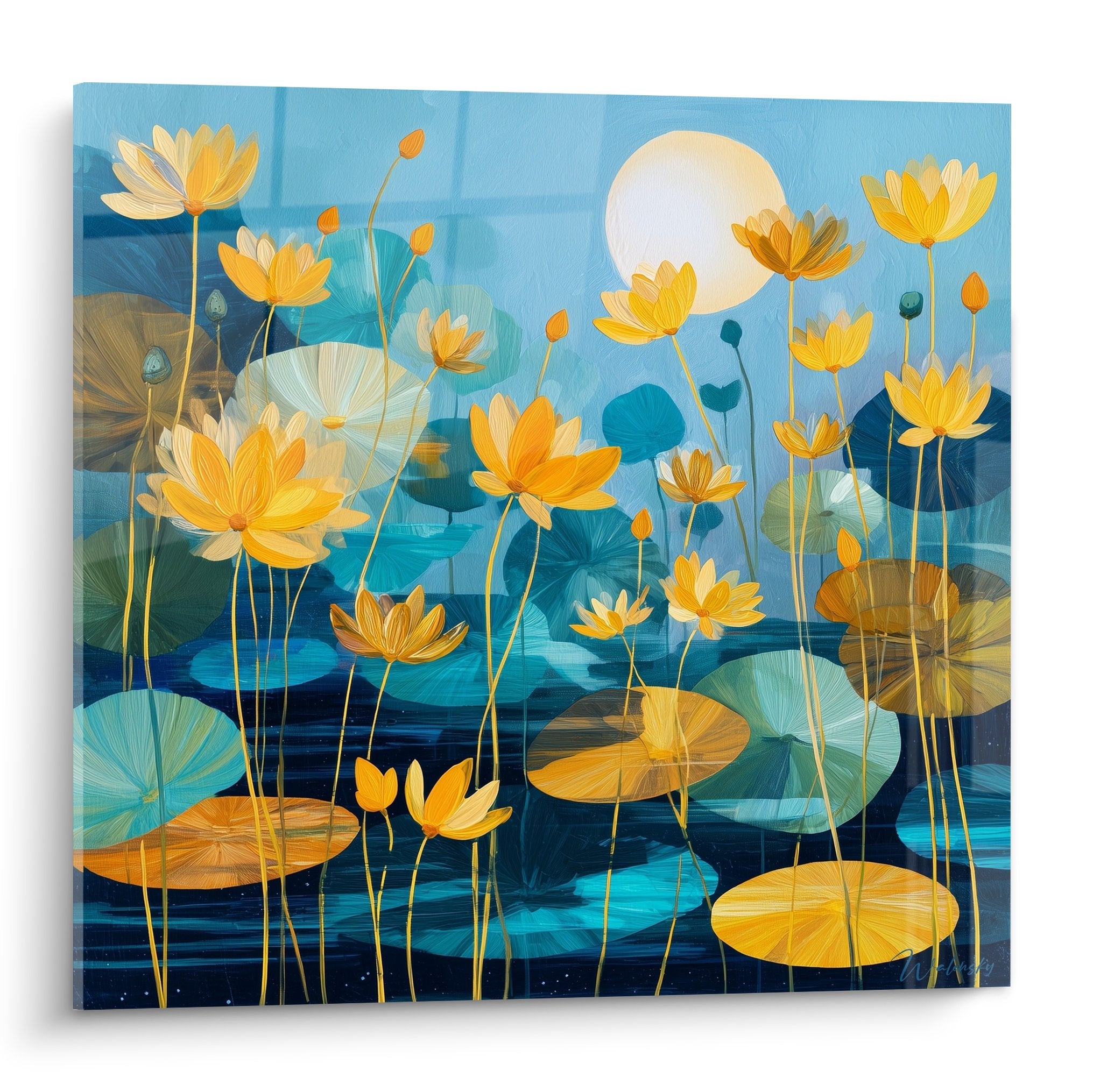 Golden water lilies painting on turquoise background with pearl moon, contemporary zen style for wall decoration