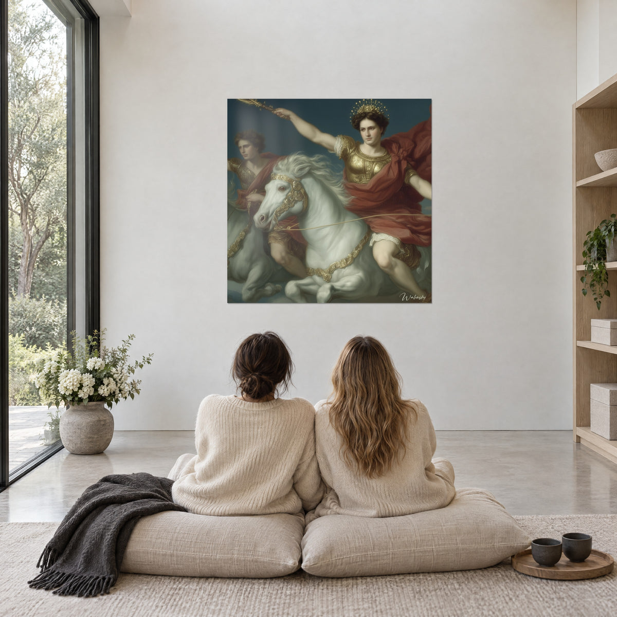 Cuadro de una cabalgata gloriosa, brazo extendido, corona dorada, manto rojo, fondo azul oscuro, delante de dos mujeres sentadas en el suelo