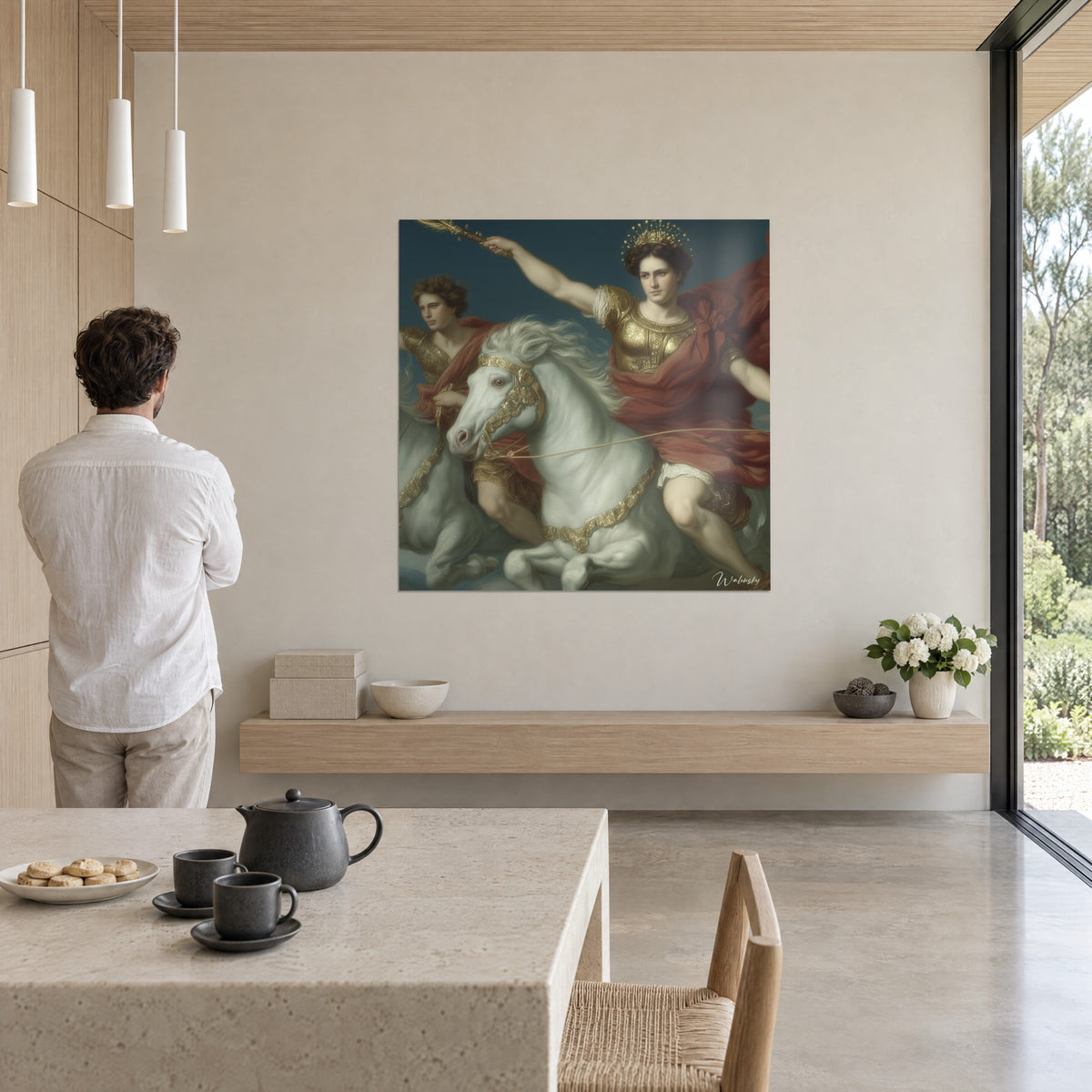 Cuadro de un emperador neoclásico lanzando su antorcha, semental blanco con arreos dorados, capa roja, frente a una pared beige luminosa