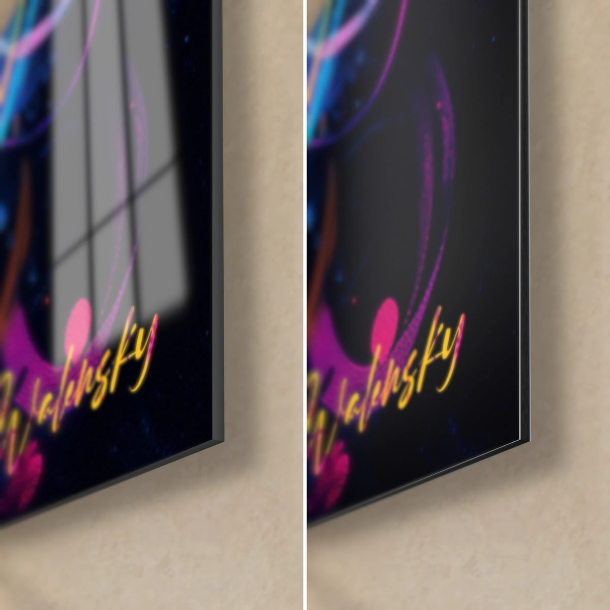 Gemälde Sprühdosen-Motiv in Leuchtfarben, untere rechte Ecke: glänzendes Acrylglas mit Reflexen links, matte Alu-Dibond-Platte rechts, 3 mm Kantenstärke