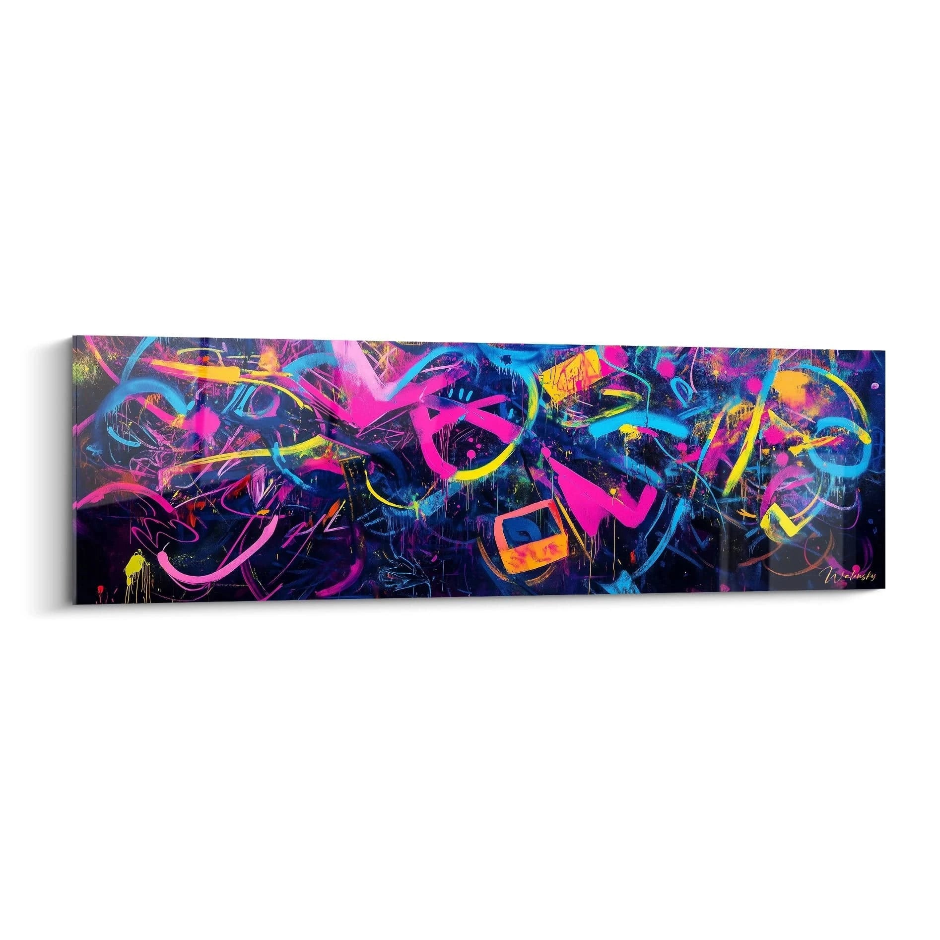Un tableau graffiti néon présentant des lignes fluides et dynamiques en rose vif, bleu électrique et jaune fluo sur un fond noir profond, créant une composition abstraite énergique avec des effets de mouvement et de superposition.
