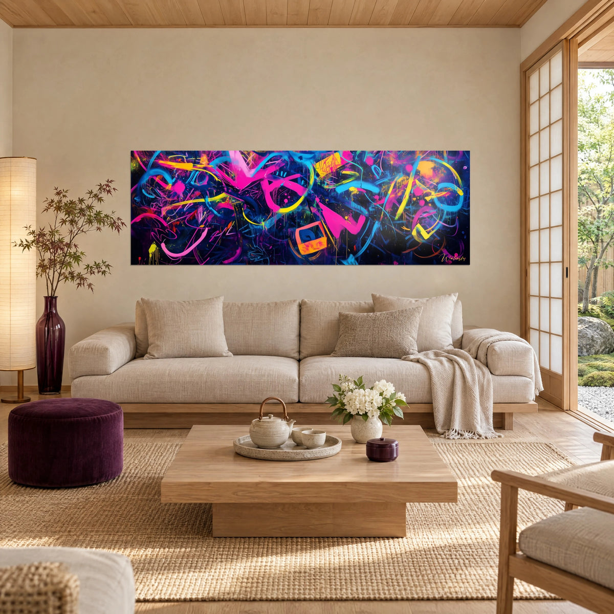 Quadro murale graffiti al neon, riccioli fucsia e blu elettrico su fondo nero, colature di vernice, sopra un divano in un soggiorno luminoso