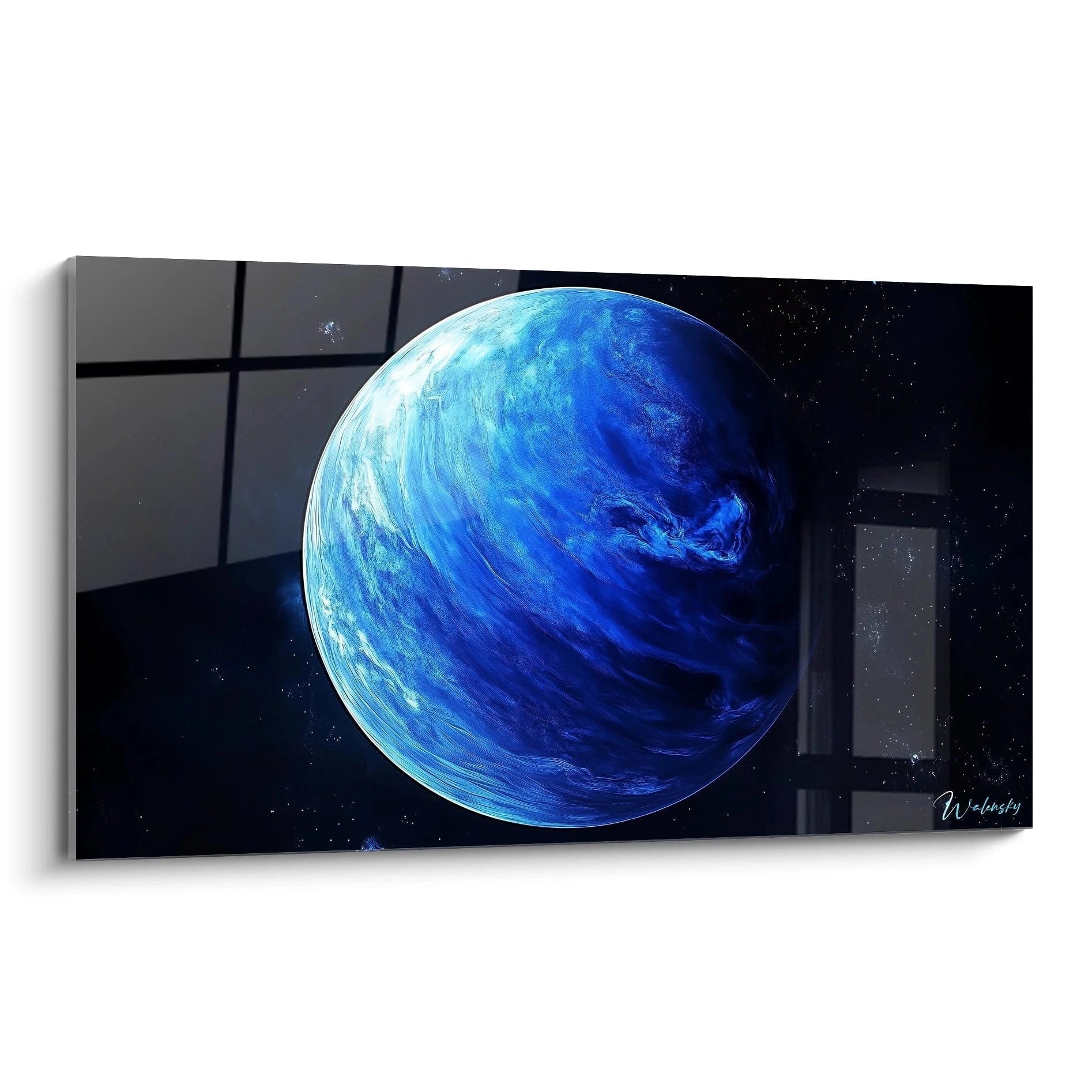 Un tableau espace reprĂ©sentant une planĂšte bleue avec des nuances de blanc et noir, entourĂ©e dâun fond Ă©toilĂ©. Les textures lisses et nuageuses crĂ©ent un effet de mouvement atmosphĂ©rique sur la surface.