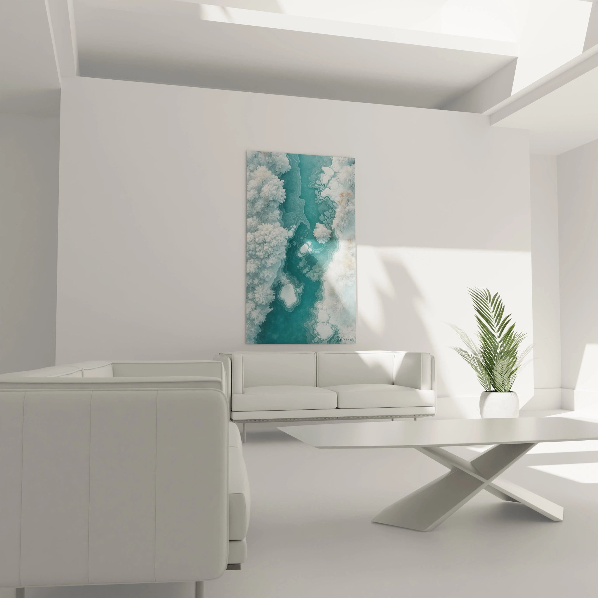 Un tableau vue aérienne d'un paysage glacé où une rivière turquoise forme un chemin sinueux bordé d'arbres blancs givrés. Les textures contrastent entre l'aspect fluide de l'eau, les formations de glace et la surface poudreuse des forêts enneigées.