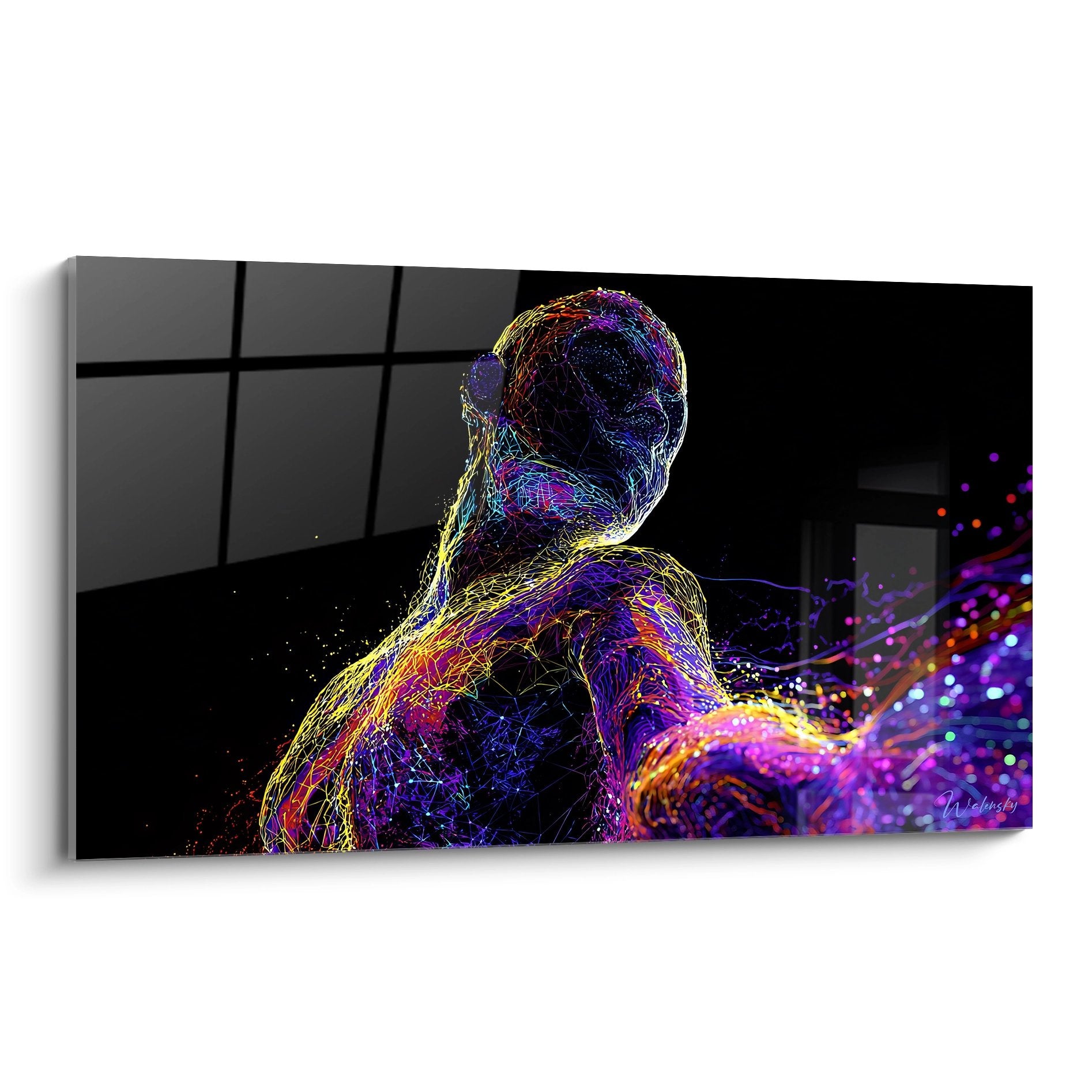 Tableau mural neuronal montrant silhouette humaine en réseaux électriques colorés sur fond sombre