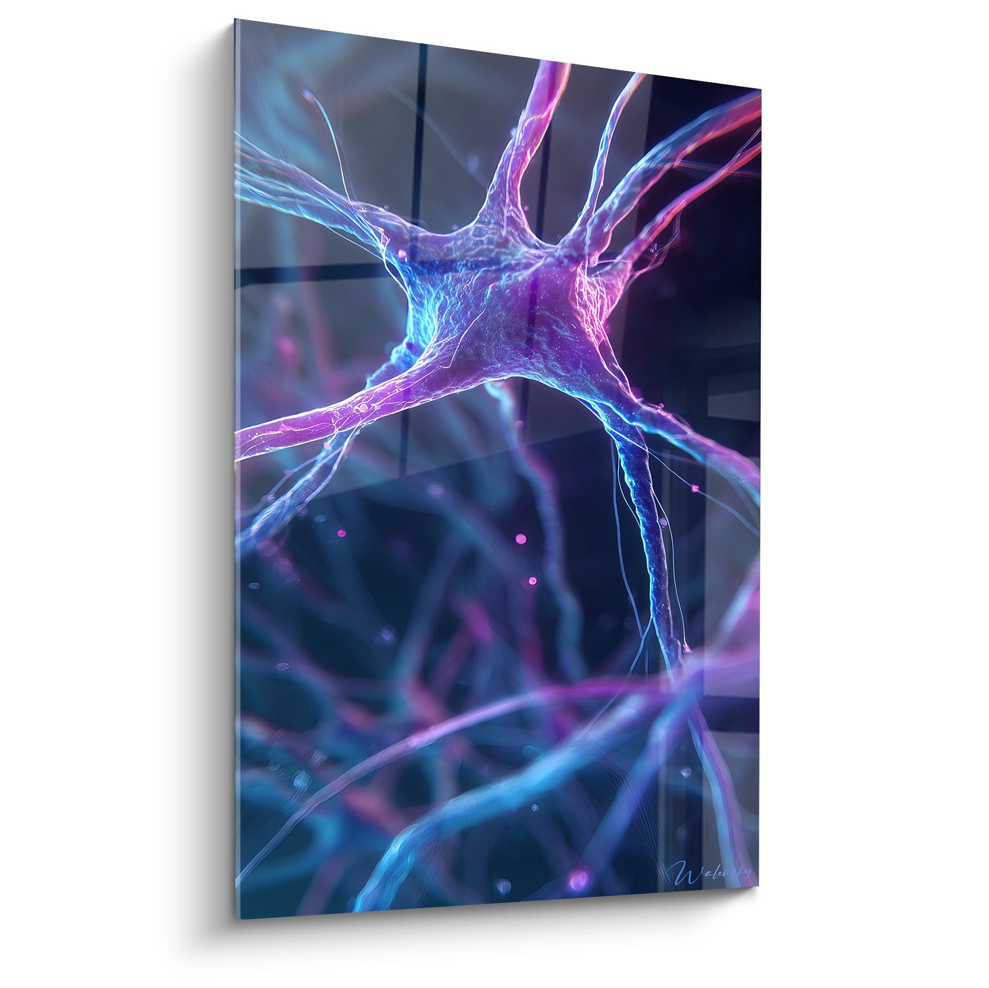 Tableau mural neurone violet et bleu luminescent avec dendrites ramifiées sur fond sombre