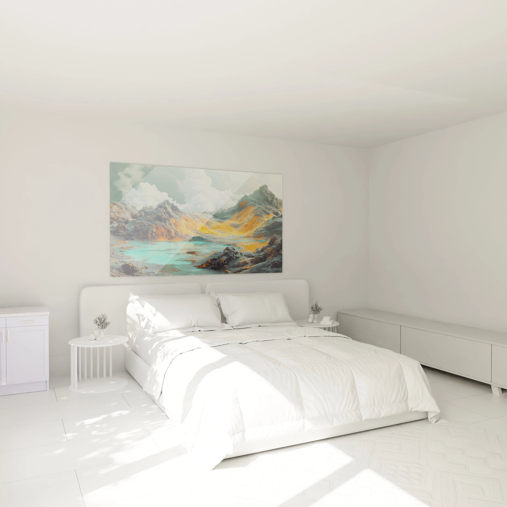 Tableau montagne stylisé présentant des formations rocheuses texturées aux teintes jaunes et orangées avec une étendue d'eau turquoise lumineuse au centre