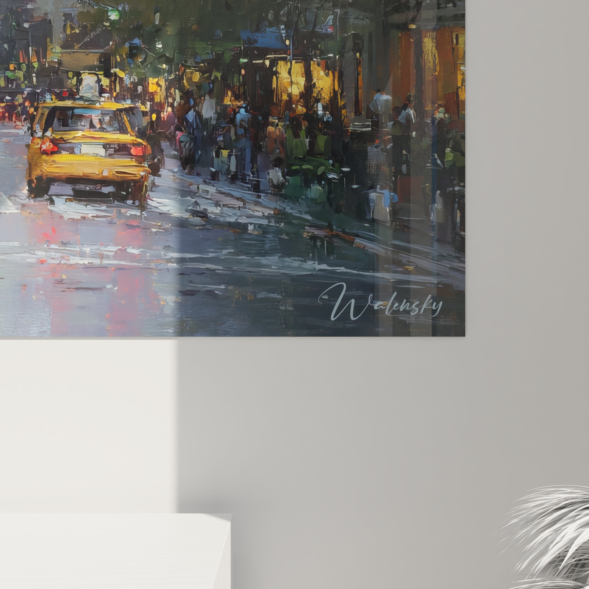Vue ensemble tableau mural New York avenue Manhattan taxis jaunes buildings art décoratif urbain premium