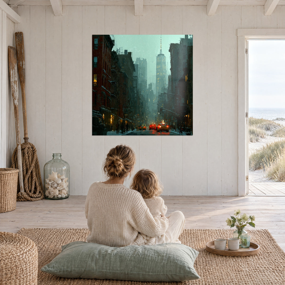 Quadro di una prospettiva urbana nella neve fradicia, guglia illuminata tra muri scuri, rosso e verde ghiacciati, madre e bambino di spalle, in un soggiorno affacciato sul mare