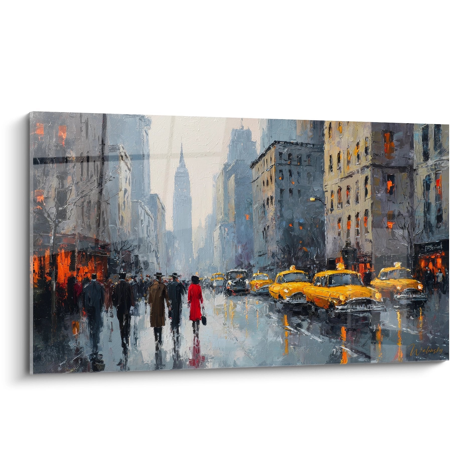 Tableau mural New York rue Manhattan sous pluie avec taxis jaunes et Empire State Building