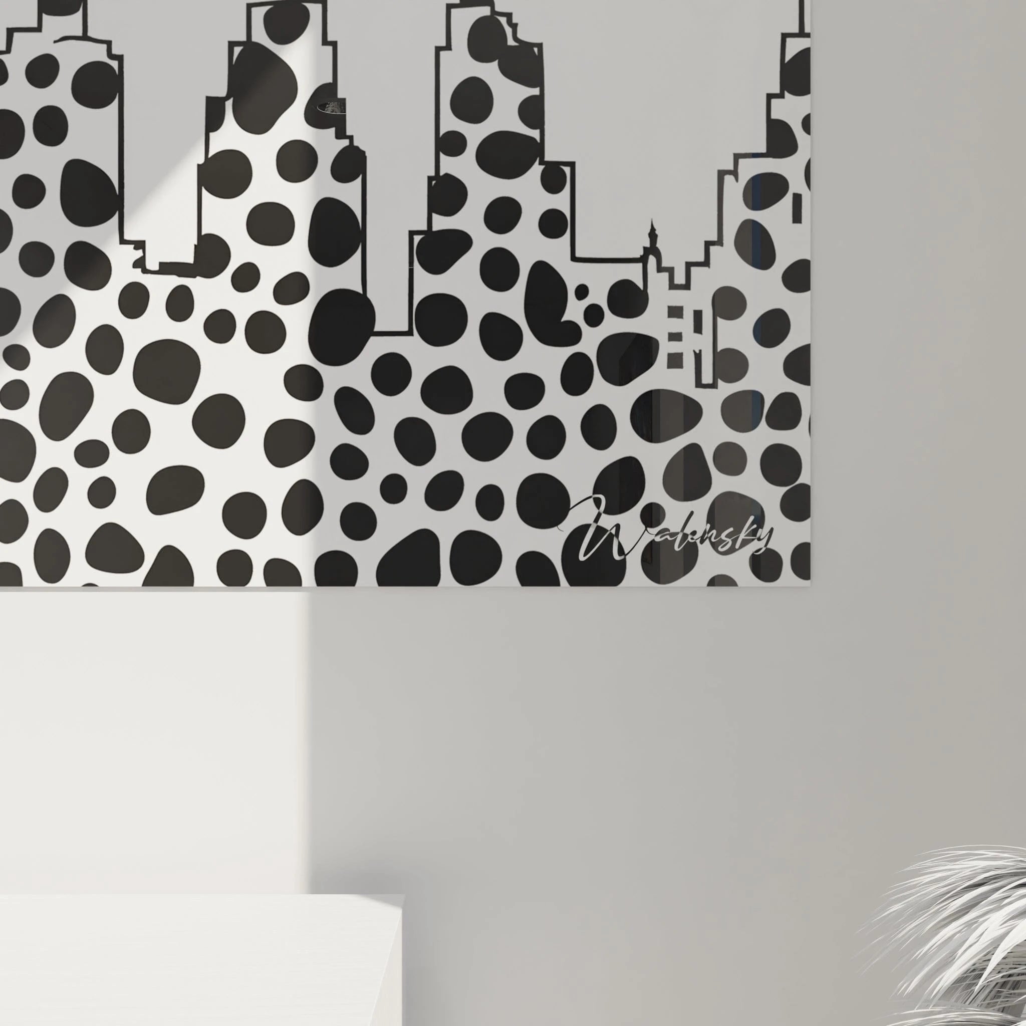 Walensky black and white splattered artwork with modern pattern on light background