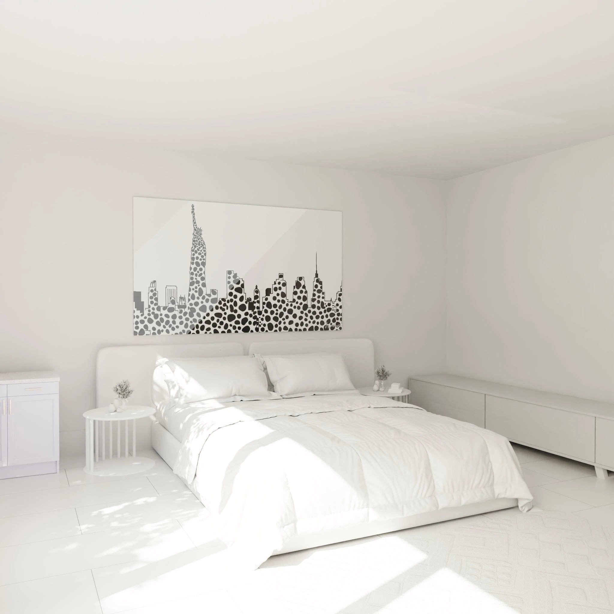 Black and white speckled artwork by Walensky with modern city silhouette above an elegant bed